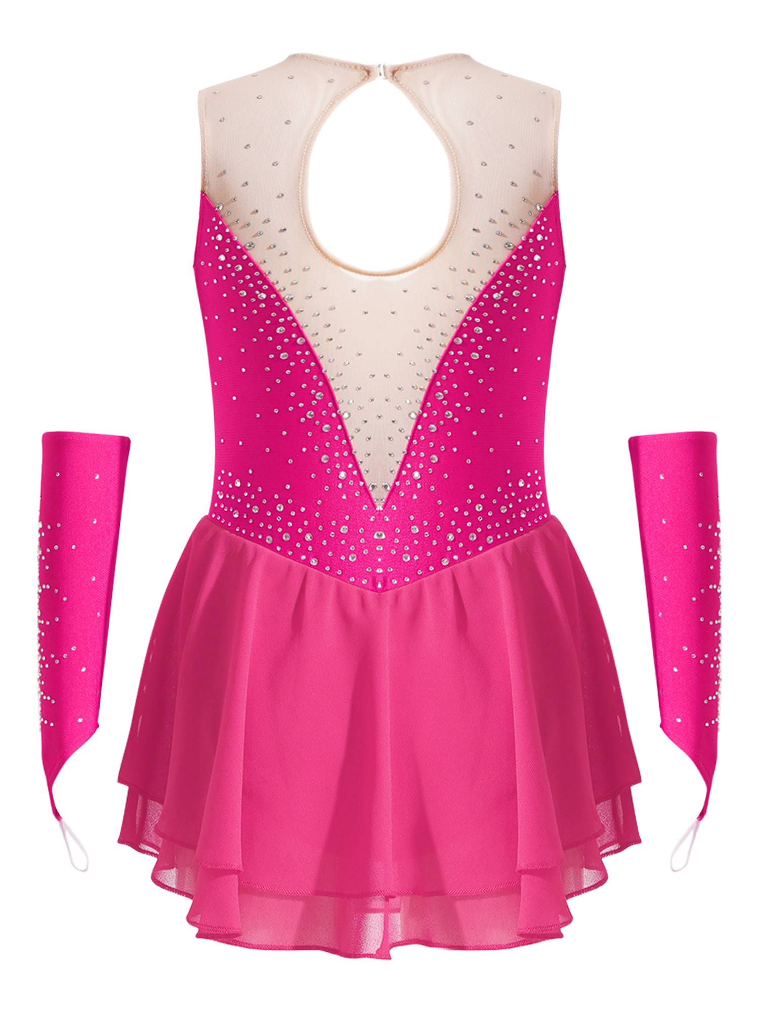 Kids Girls Rhinestone Figure Skating Dress with Gloves
