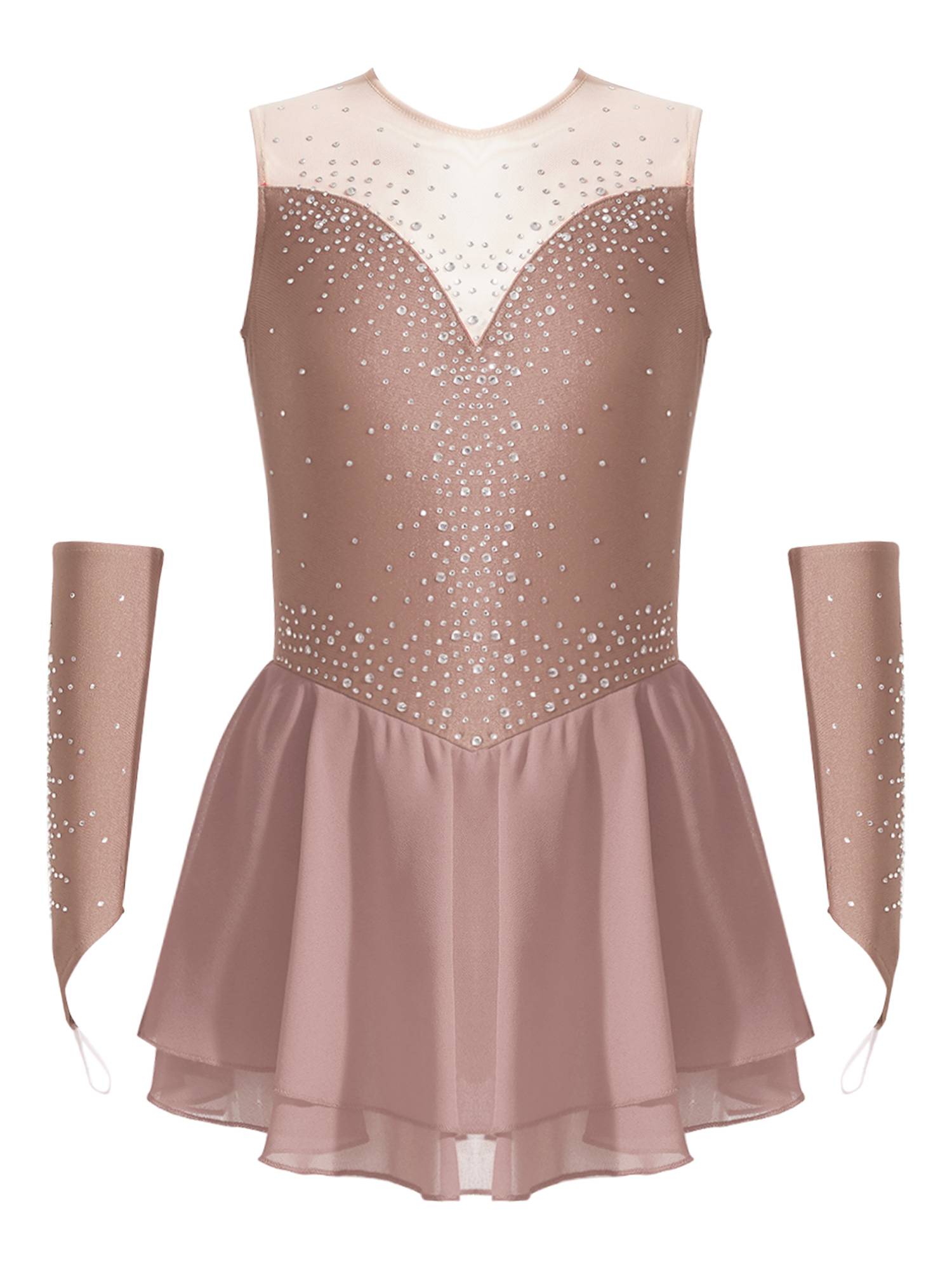 Kids Girls Rhinestone Figure Skating Dress with Gloves