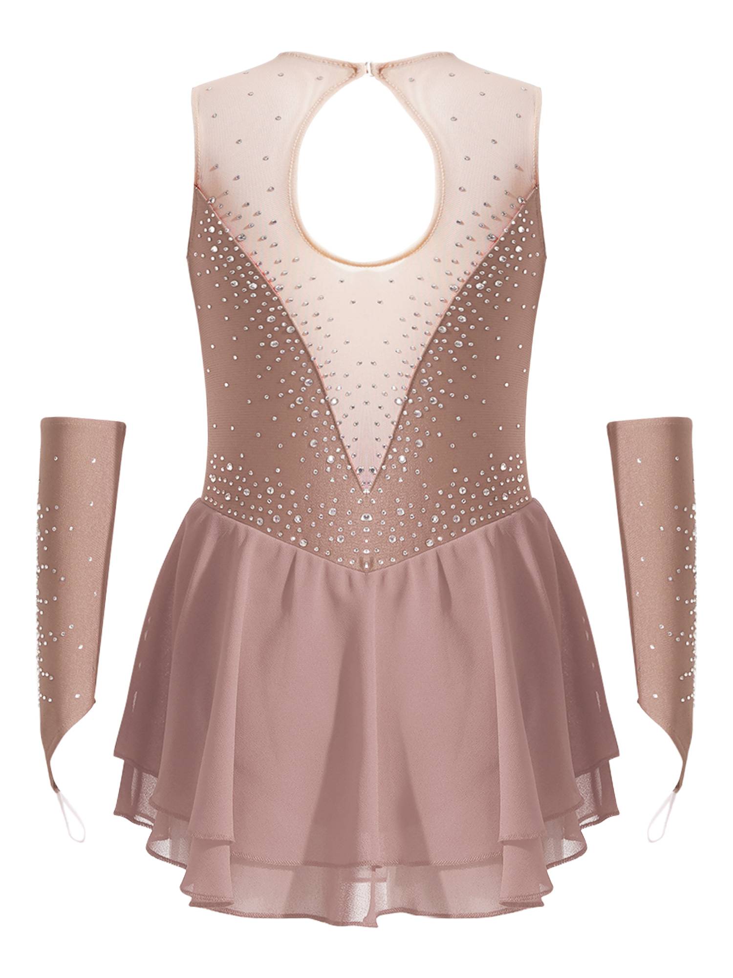 Kids Girls Rhinestone Figure Skating Dress with Gloves
