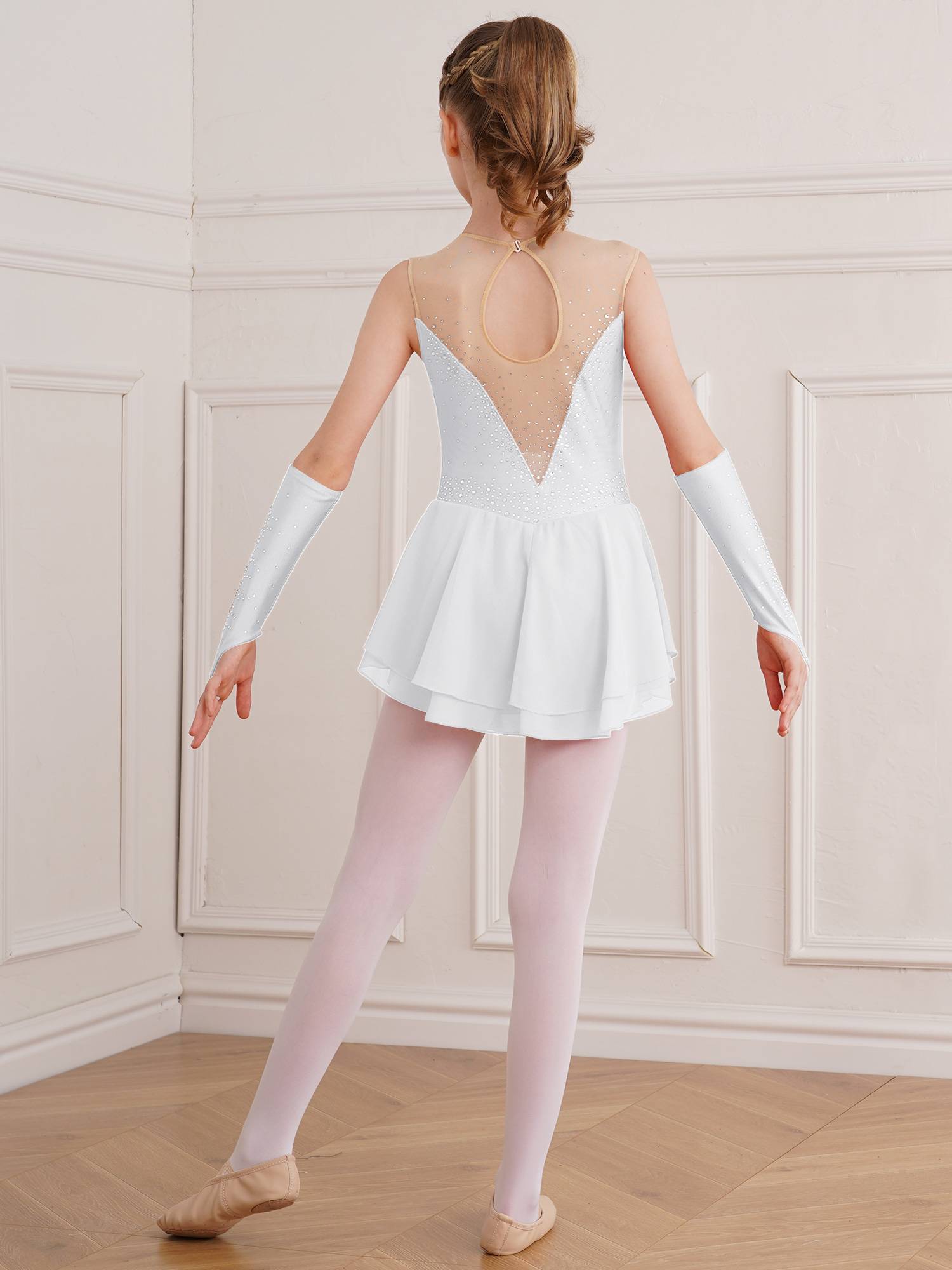 Kids Girls Rhinestone Figure Skating Dress with Gloves