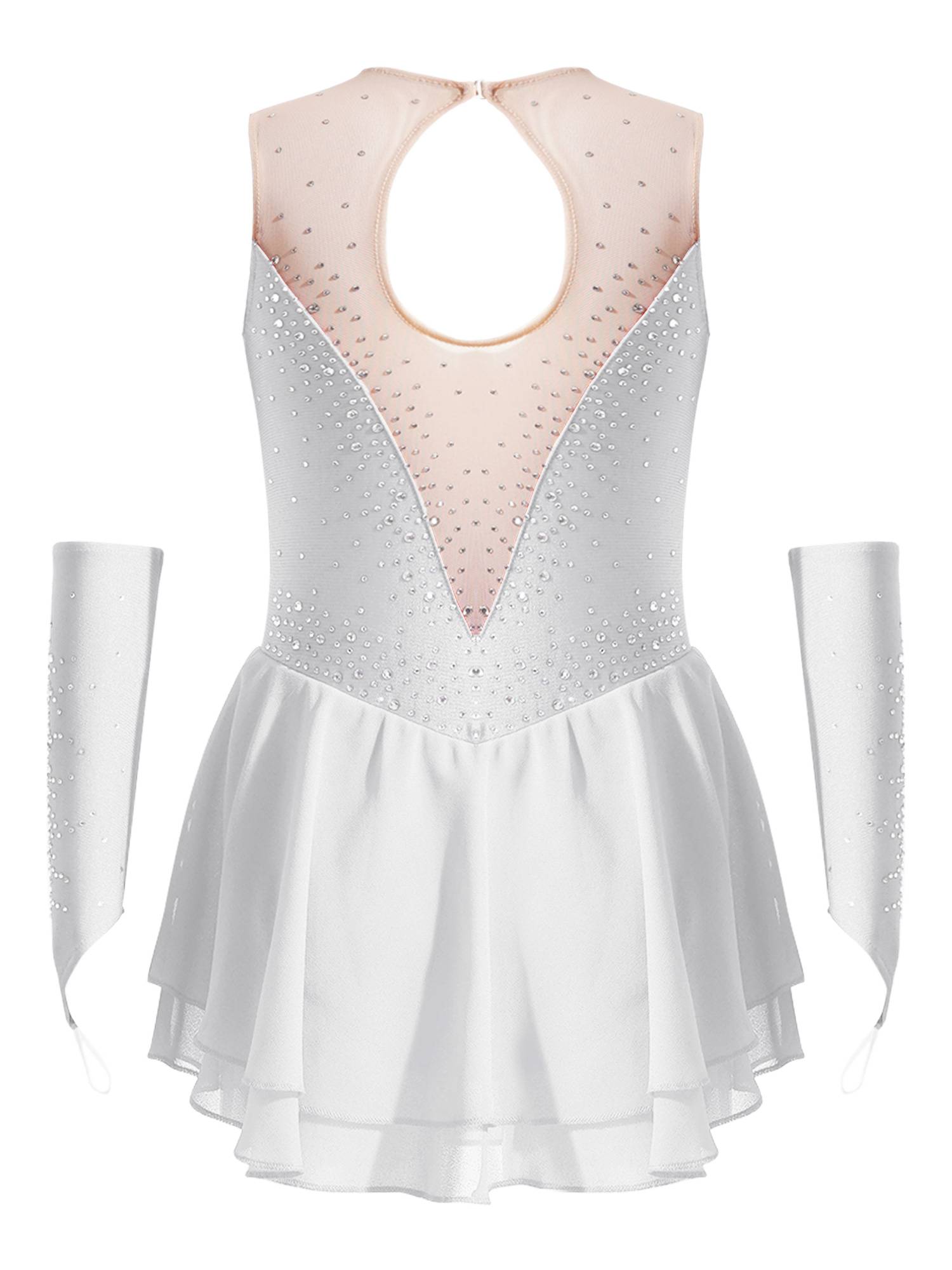 Kids Girls Rhinestone Figure Skating Dress with Gloves