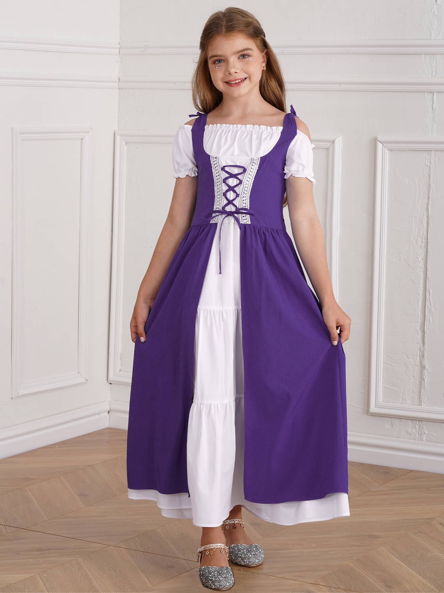 Kids Girls Medieval Renaissance Costume Short Sleeve  Ruffle Dress