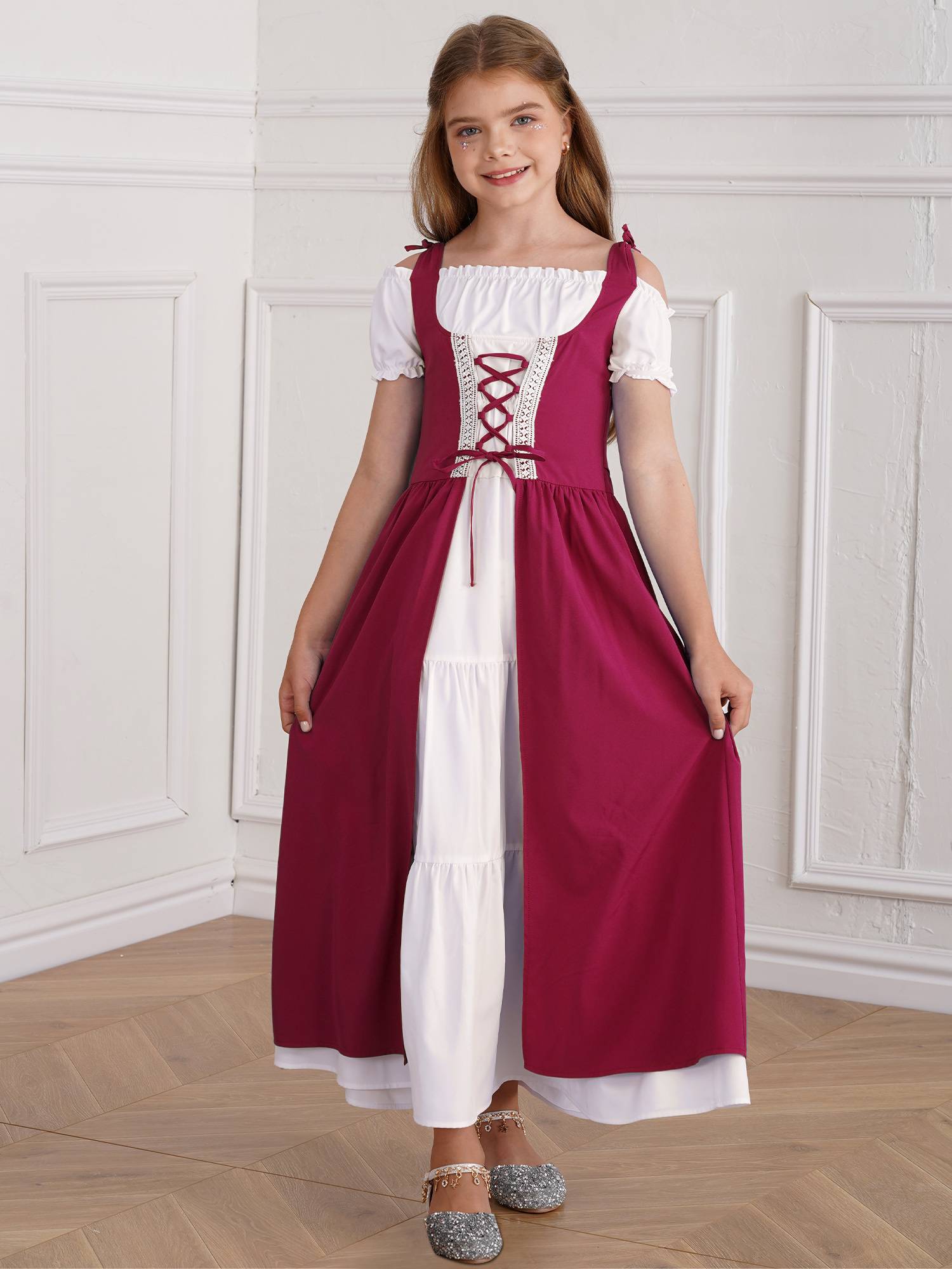 Kids Girls Medieval Renaissance Costume Short Sleeve  Ruffle Dress