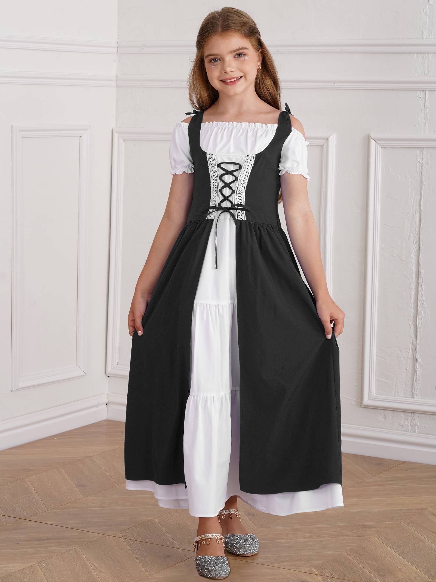Kids Girls Medieval Renaissance Costume Short Sleeve  Ruffle Dress