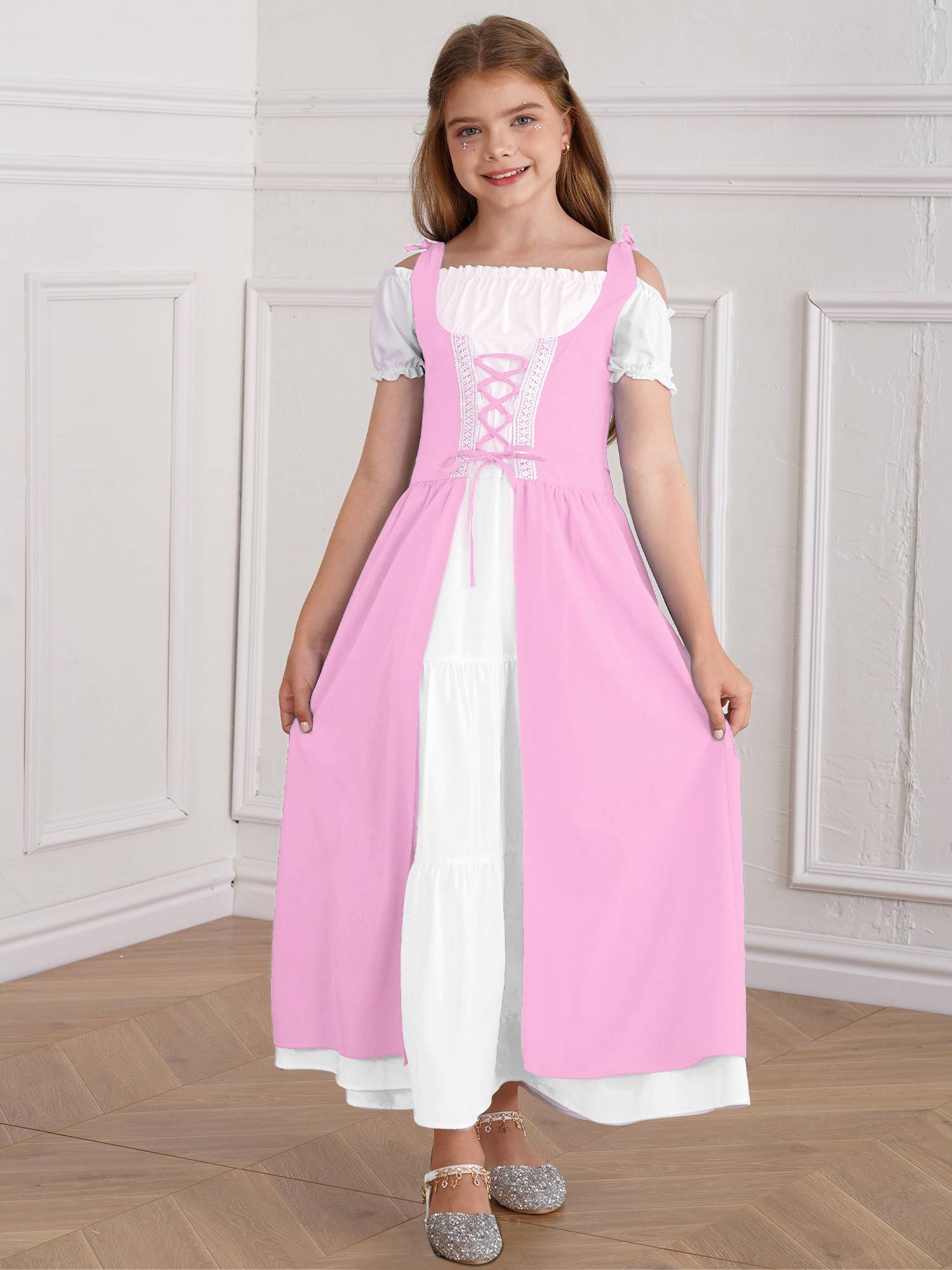 Kids Girls Medieval Renaissance Costume Short Sleeve  Ruffle Dress