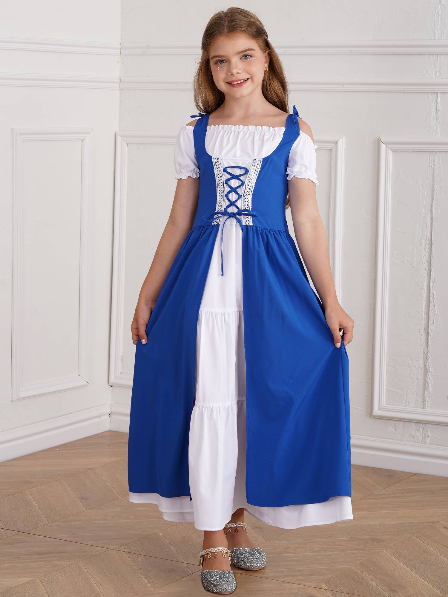 Kids Girls Medieval Renaissance Costume Short Sleeve  Ruffle Dress