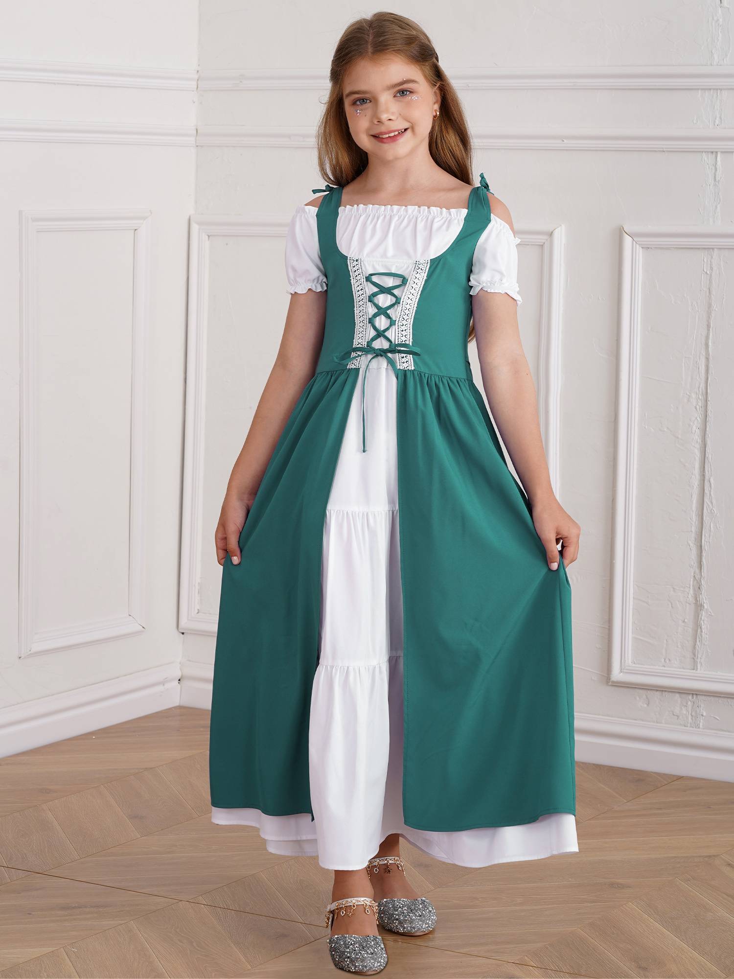 Kids Girls Medieval Renaissance Costume Short Sleeve  Ruffle Dress