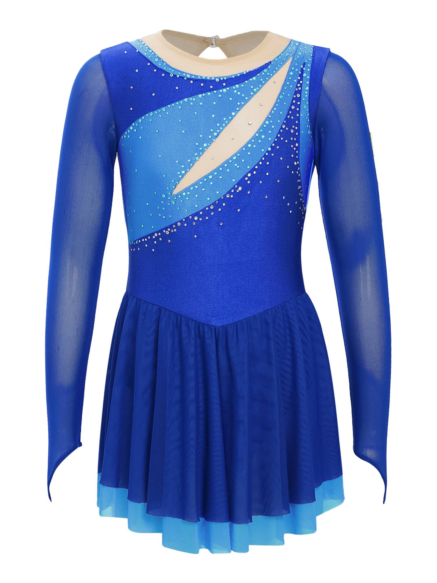 Kids Girls Long Sleeve Rhinestone Color Block Figure Skating Leotard Dress