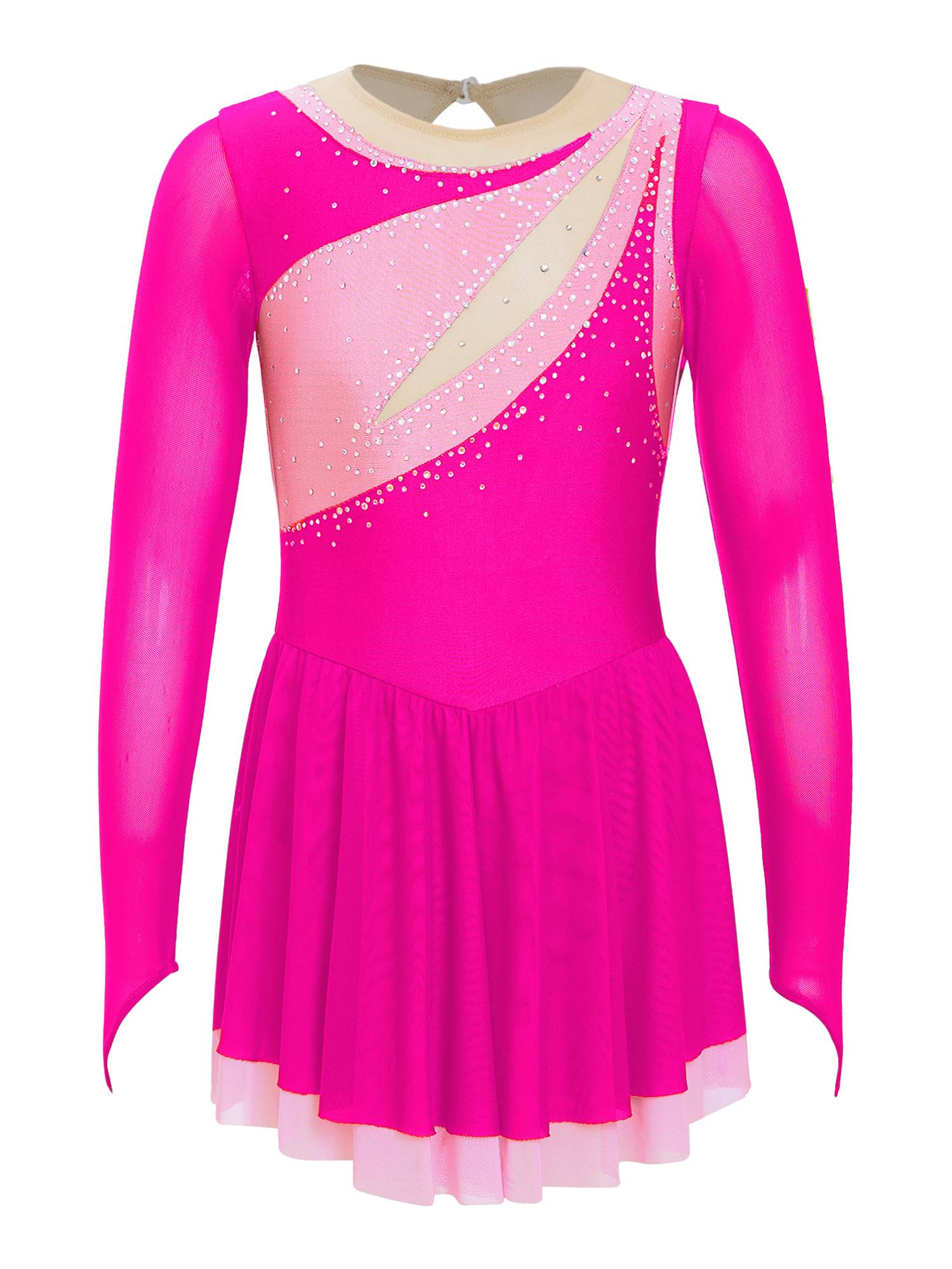 Kids Girls Long Sleeve Rhinestone Color Block Figure Skating Leotard Dress