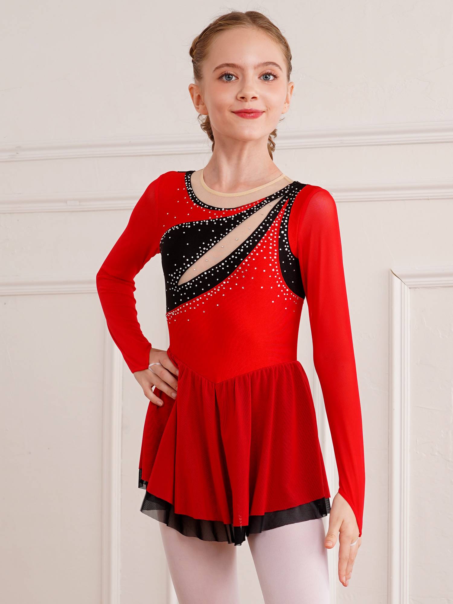 Kids Girls Long Sleeve Rhinestone Color Block Figure Skating Leotard Dress
