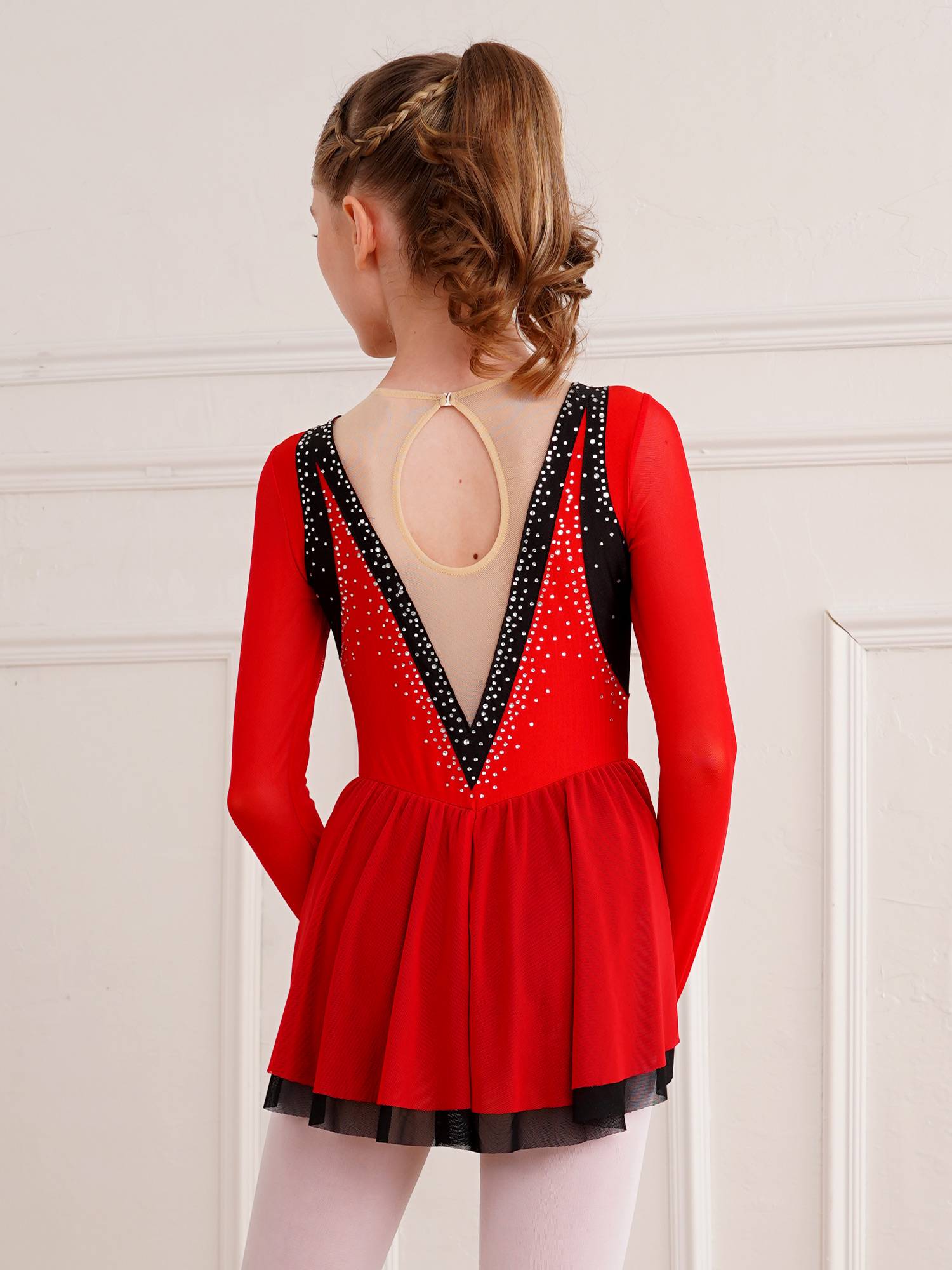 Kids Girls Long Sleeve Rhinestone Color Block Figure Skating Leotard Dress