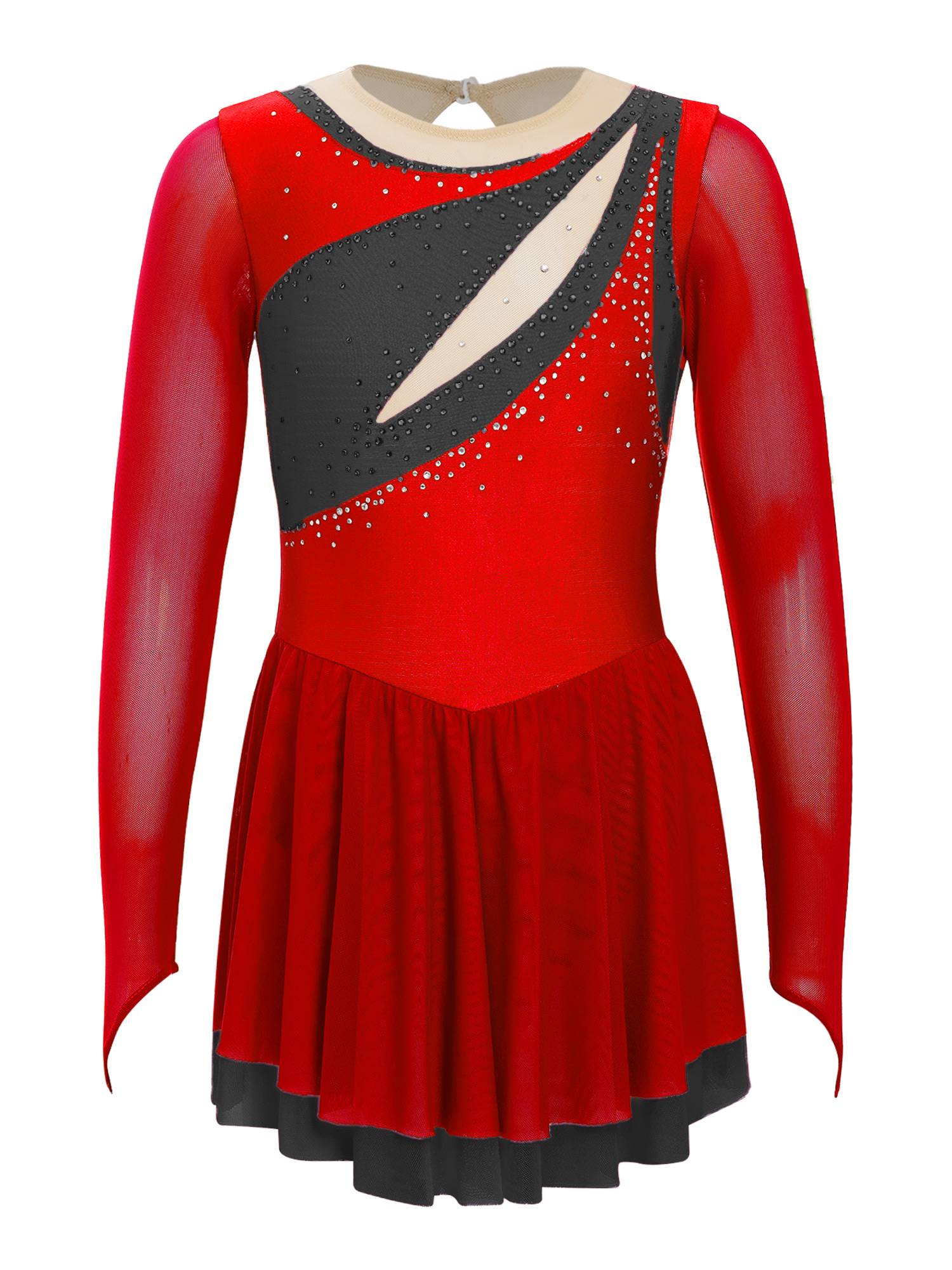 Kids Girls Long Sleeve Rhinestone Color Block Figure Skating Leotard Dress