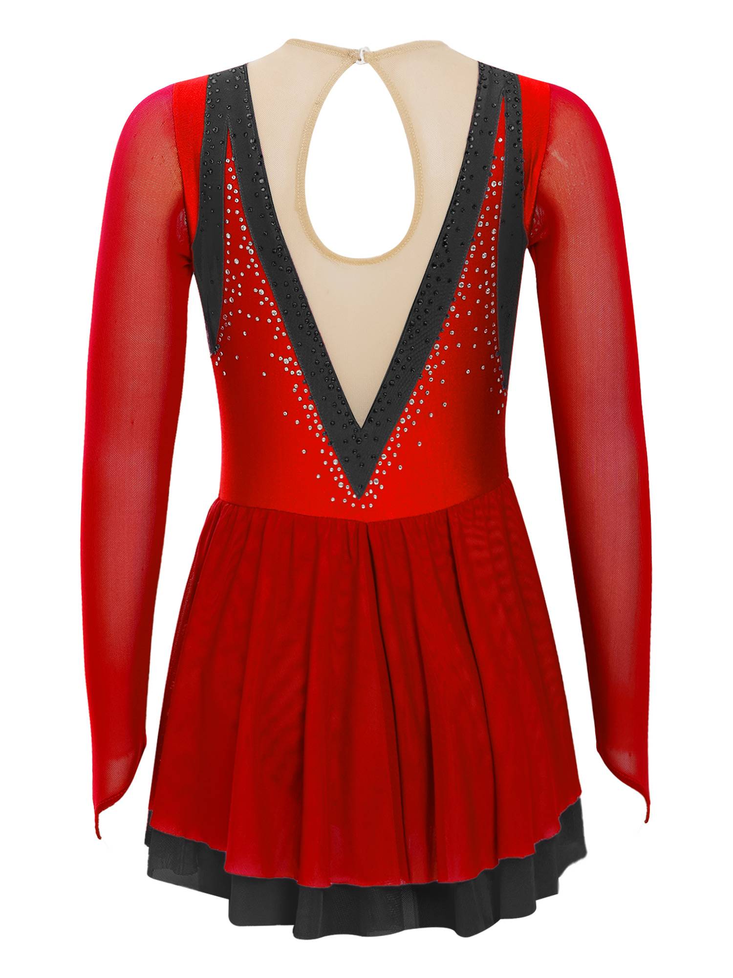 Kids Girls Long Sleeve Rhinestone Color Block Figure Skating Leotard Dress