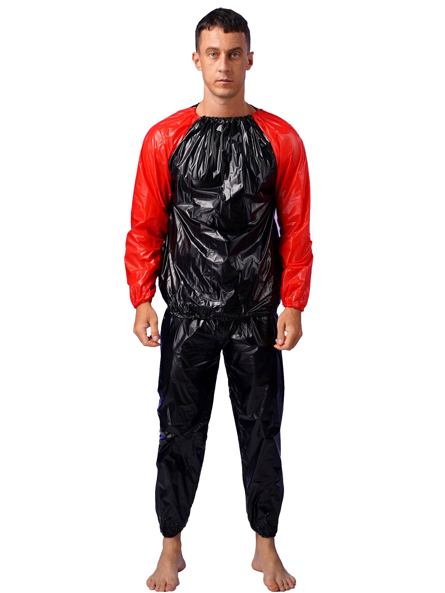 Men 2pcs PVC Long Sleeve Top with Pants Fitness Gym Workout Set