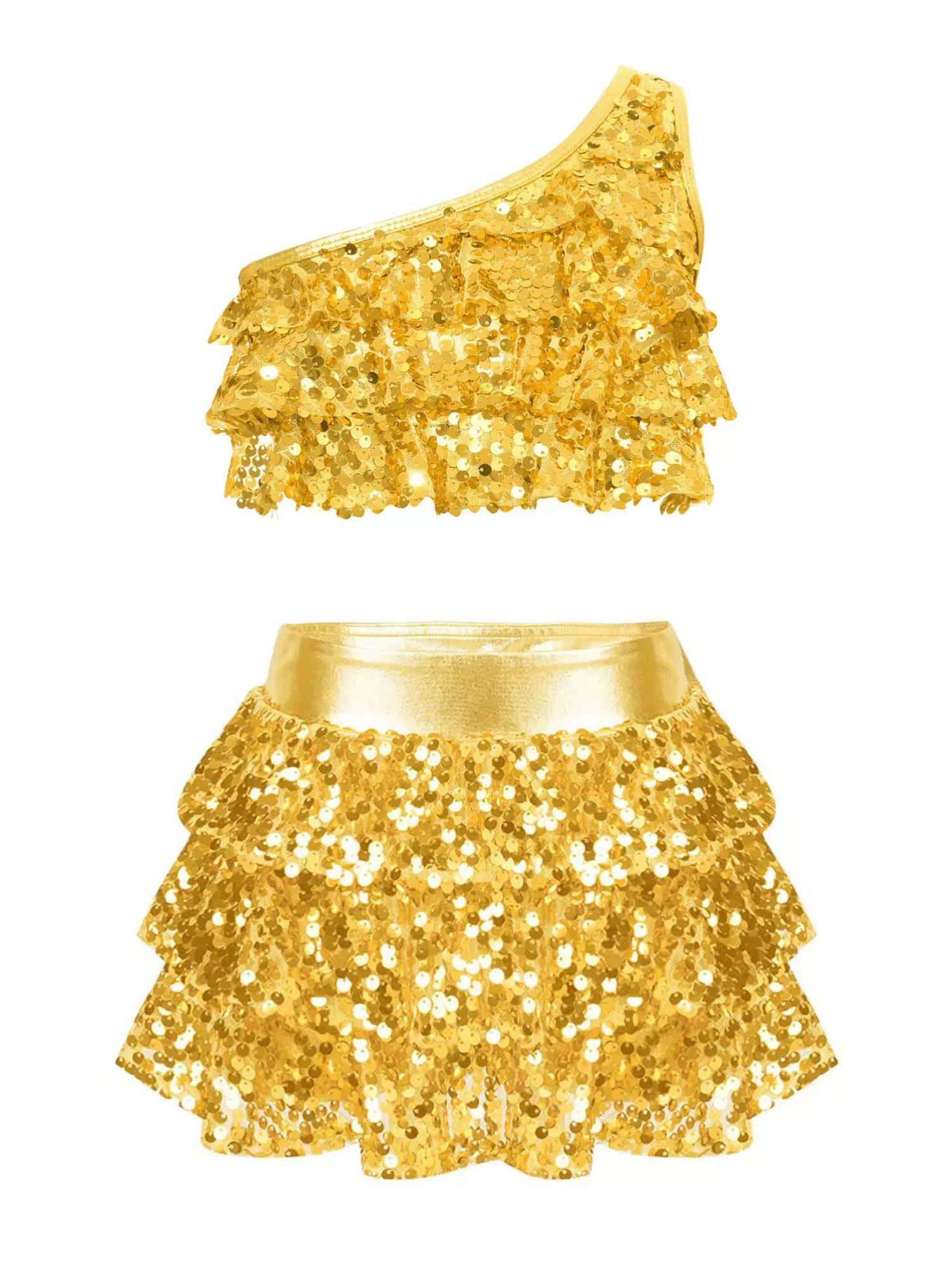 Kid Girls 2pcs Sequin Tiered Ruffles Crop Top and Skirt Short Jazz Set