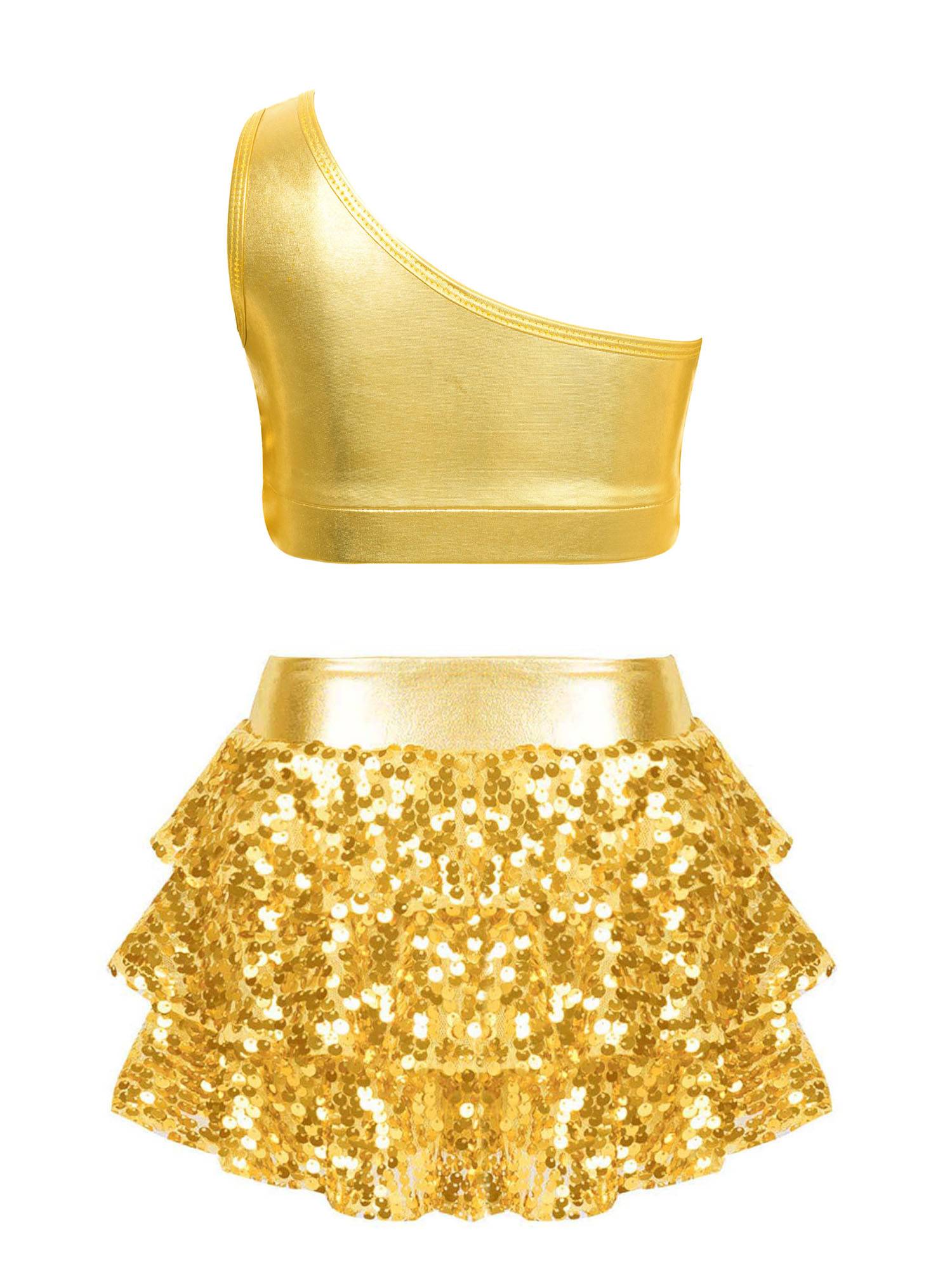 Kid Girls 2pcs Sequin Tiered Ruffles Crop Top and Skirt Short Jazz Set