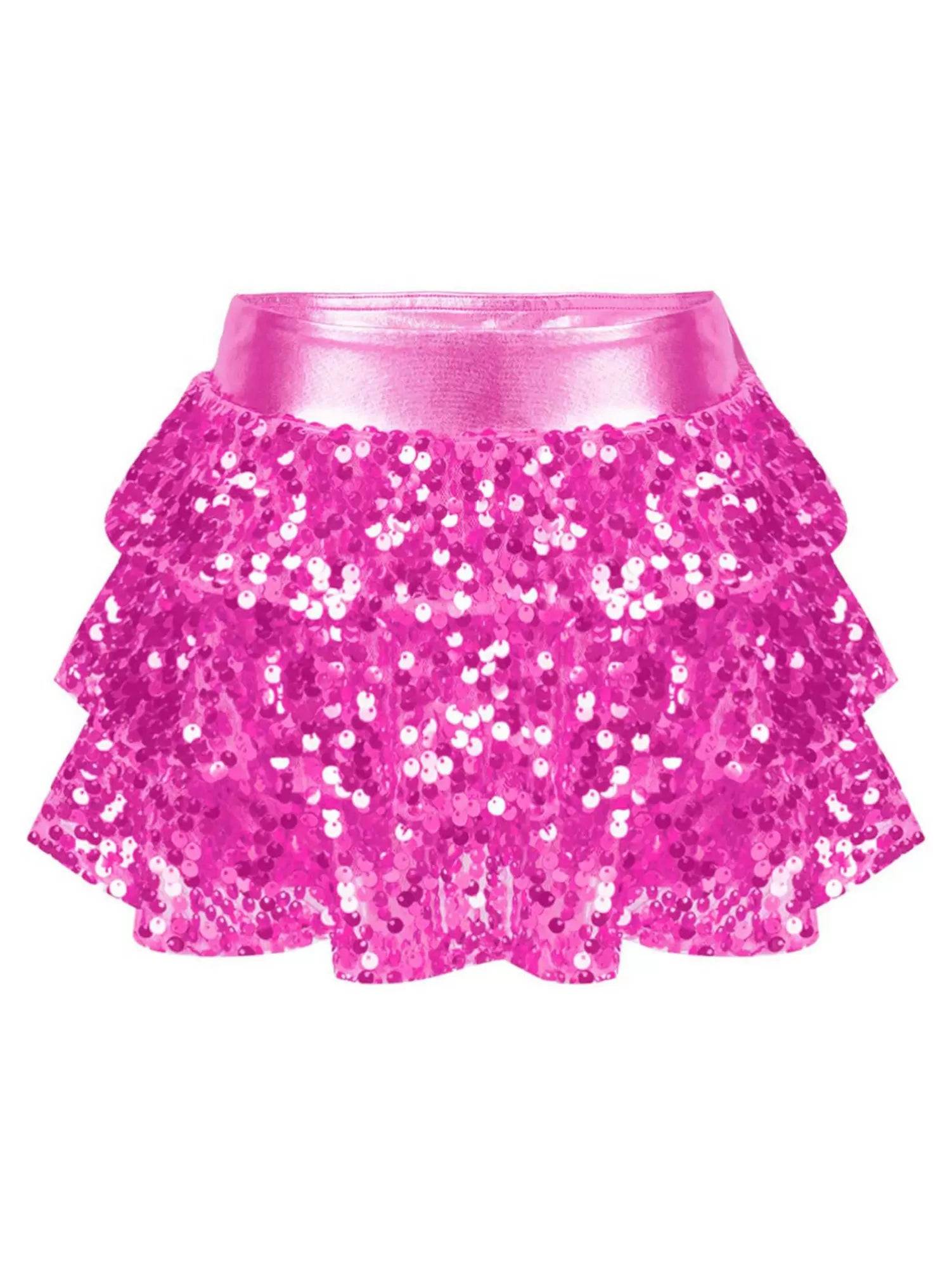 Kids Girls Shiny Sequin Tiered Ruffle Jazz Dance Skirt