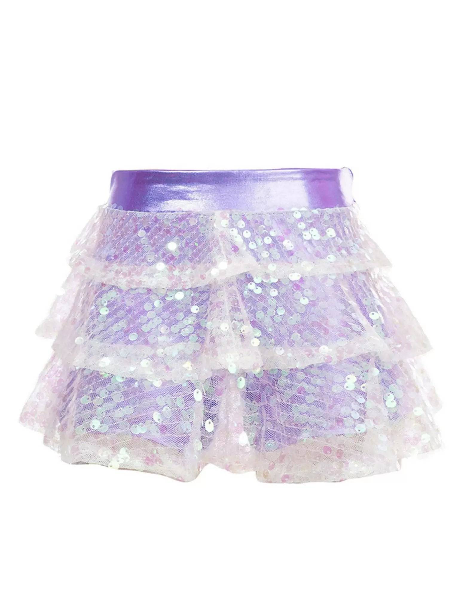 Kids Girls Shiny Sequin Tiered Ruffle Jazz Dance Skirt