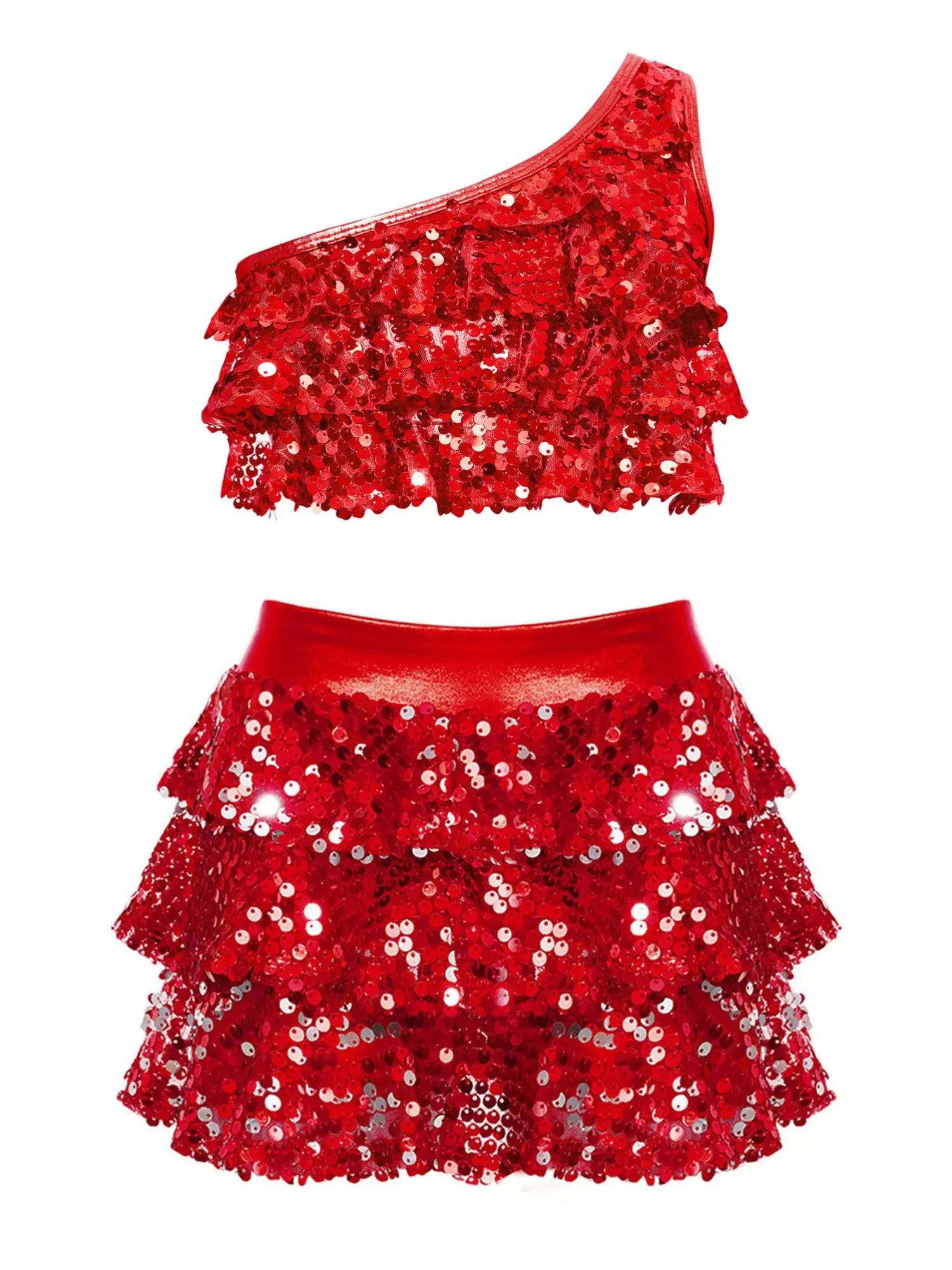 Kid Girls 2pcs Sequin Tiered Ruffles Crop Top and Skirt Short Jazz Set