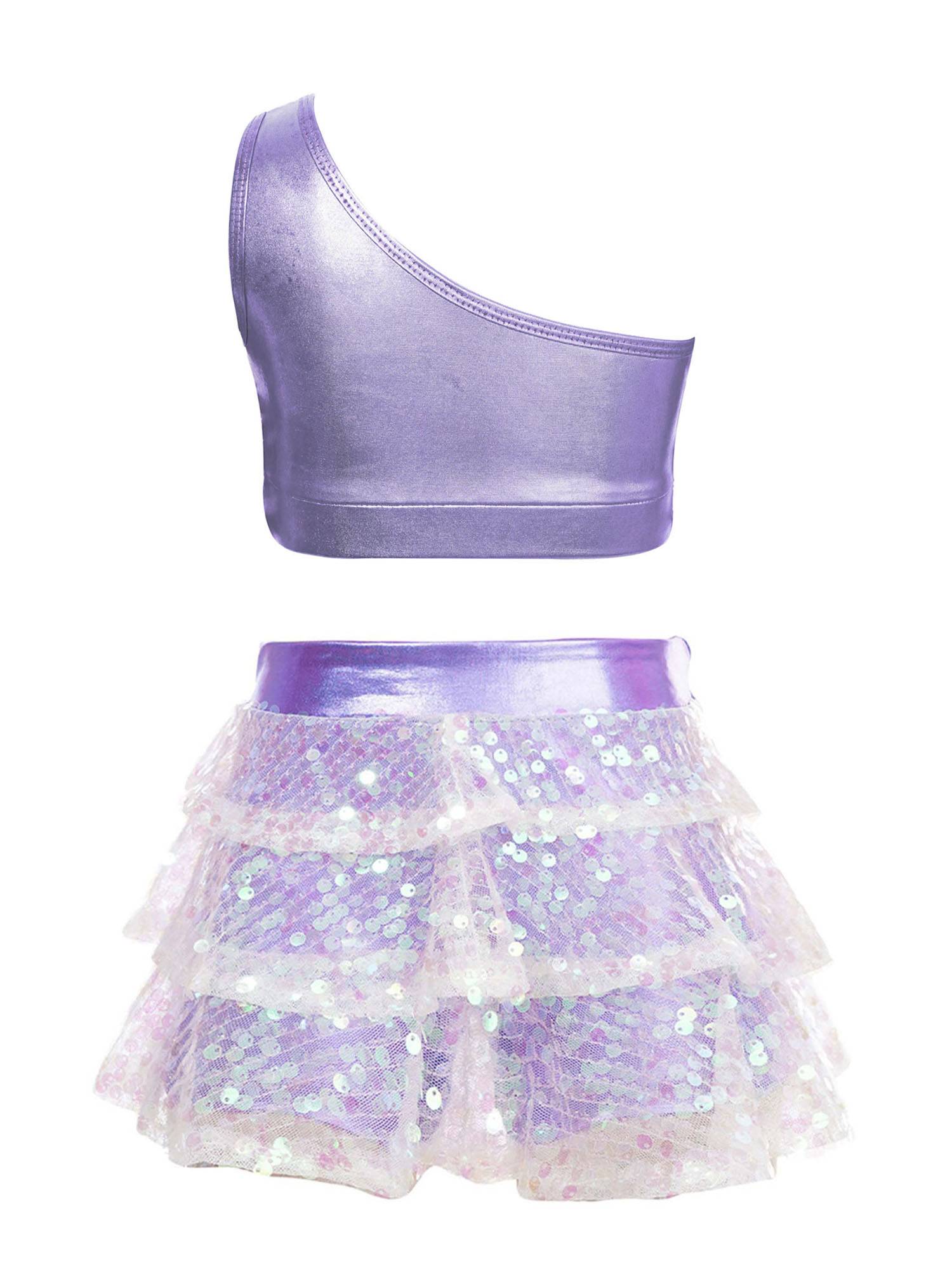 Kid Girls 2pcs Sequin Tiered Ruffles Crop Top and Skirt Short Jazz Set