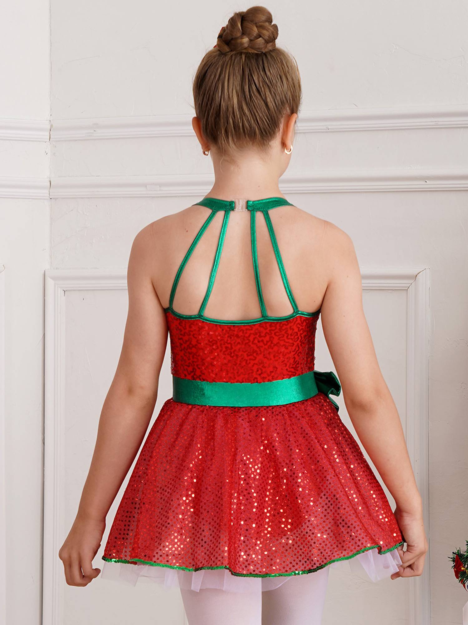 Girls Sleeveless Strappy Sequins Bowknot Christmas Tutu Dress