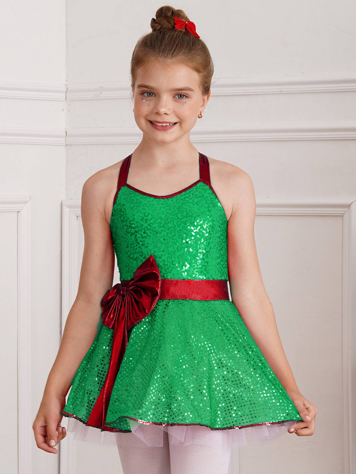 Girls Sleeveless Strappy Sequins Bowknot Christmas Tutu Dress