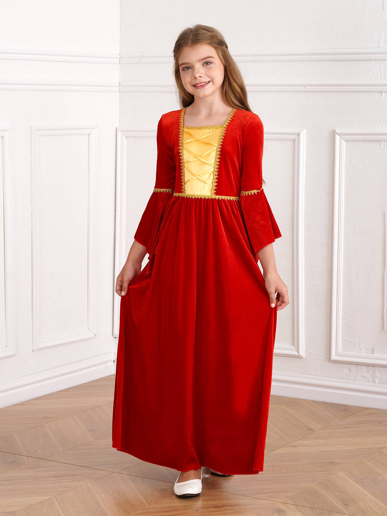Kids Girls Square Neck Flared Sleeve Empire Waist Medieval Vintage Maxi Dress
