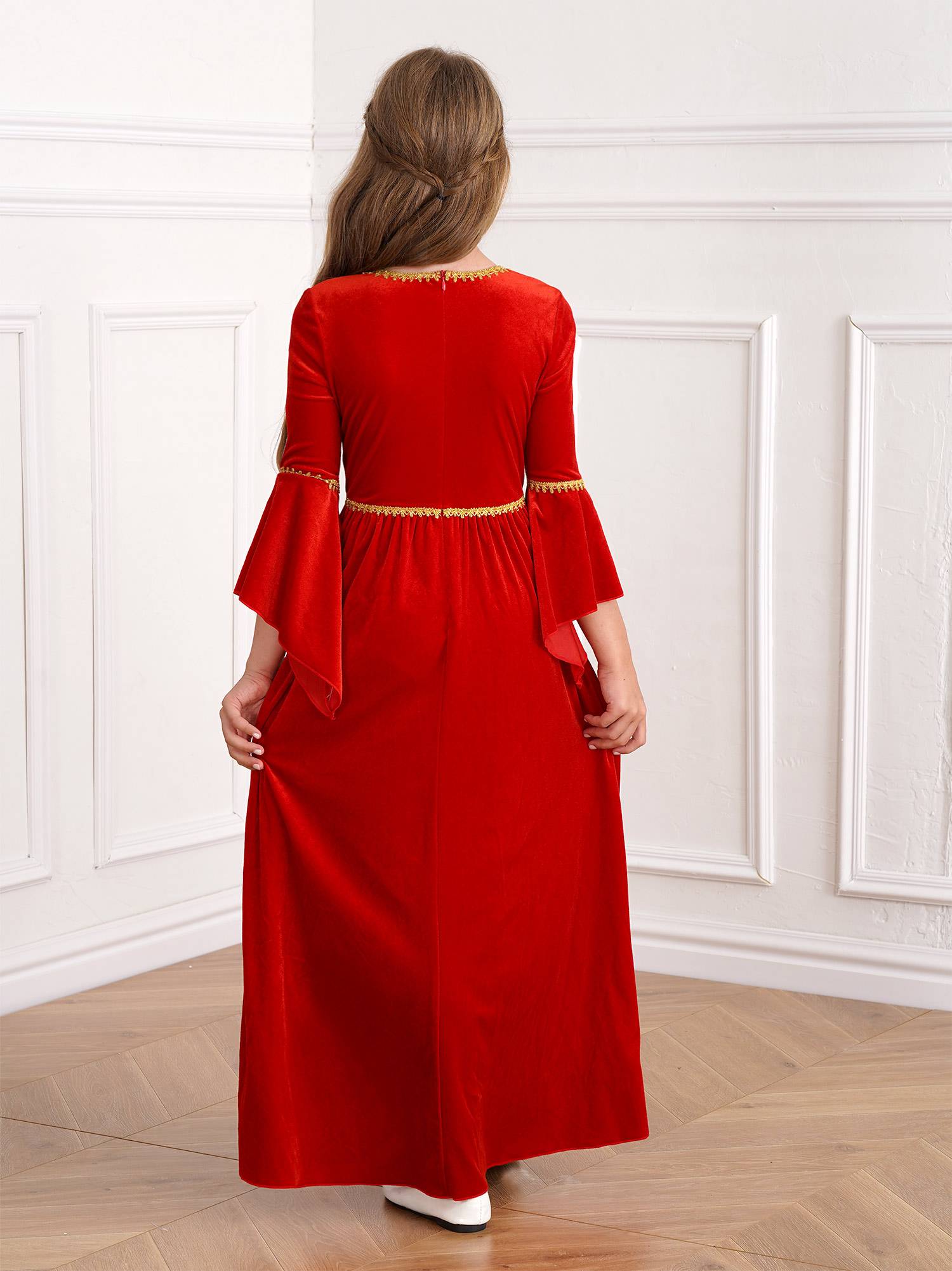 Kids Girls Square Neck Flared Sleeve Empire Waist Medieval Vintage Maxi Dress