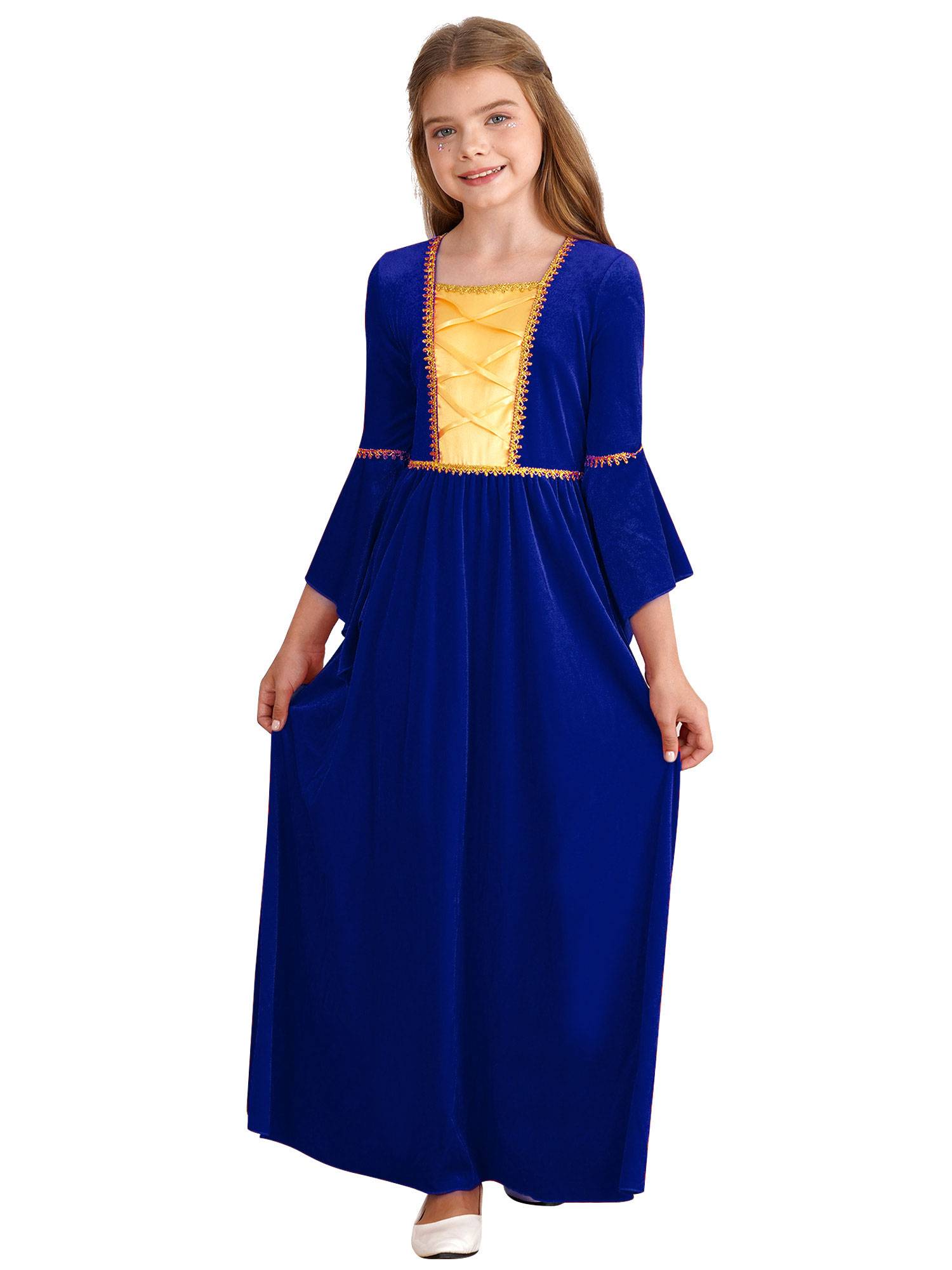Kids Girls Square Neck Flared Sleeve Empire Waist Medieval Vintage Maxi Dress