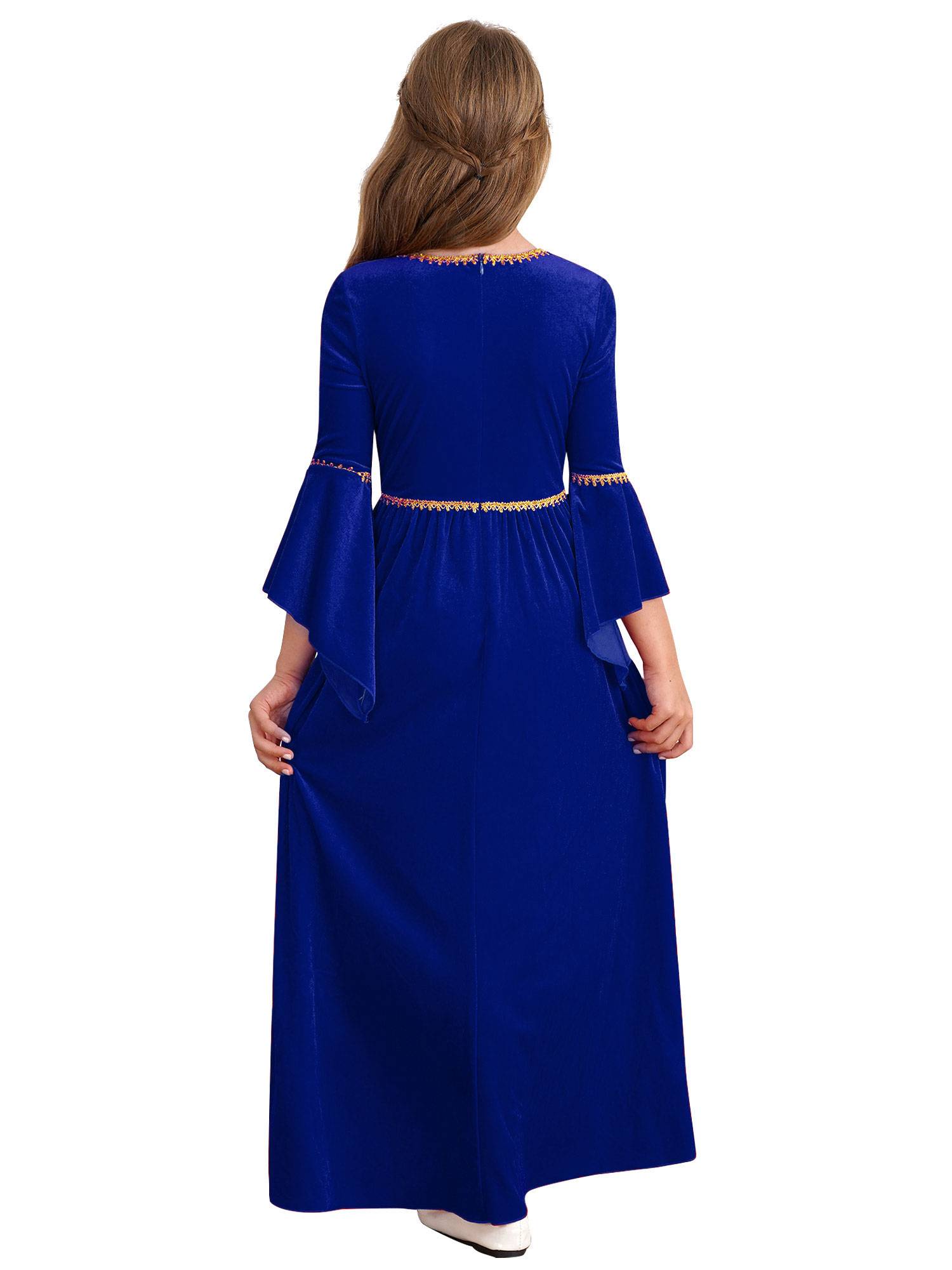 Kids Girls Square Neck Flared Sleeve Empire Waist Medieval Vintage Maxi Dress