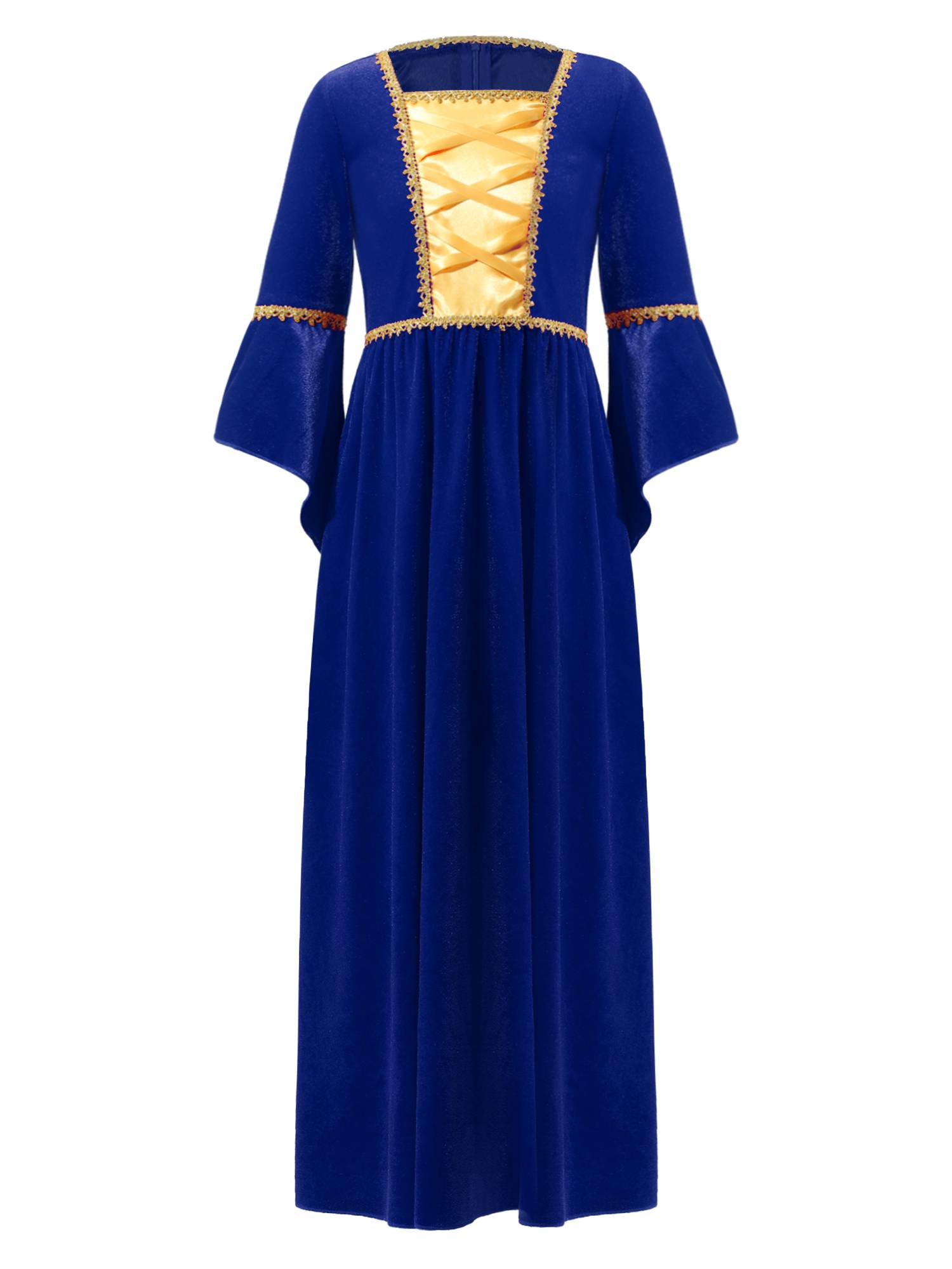 Kids Girls Square Neck Flared Sleeve Empire Waist Medieval Vintage Maxi Dress