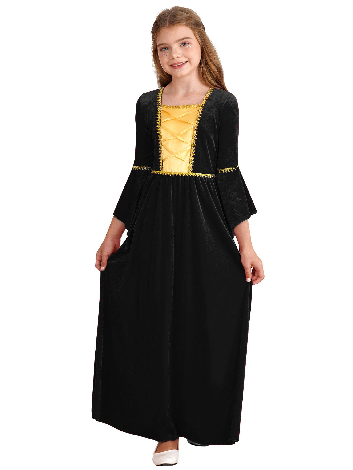 Kids Girls Square Neck Flared Sleeve Empire Waist Medieval Vintage Maxi Dress