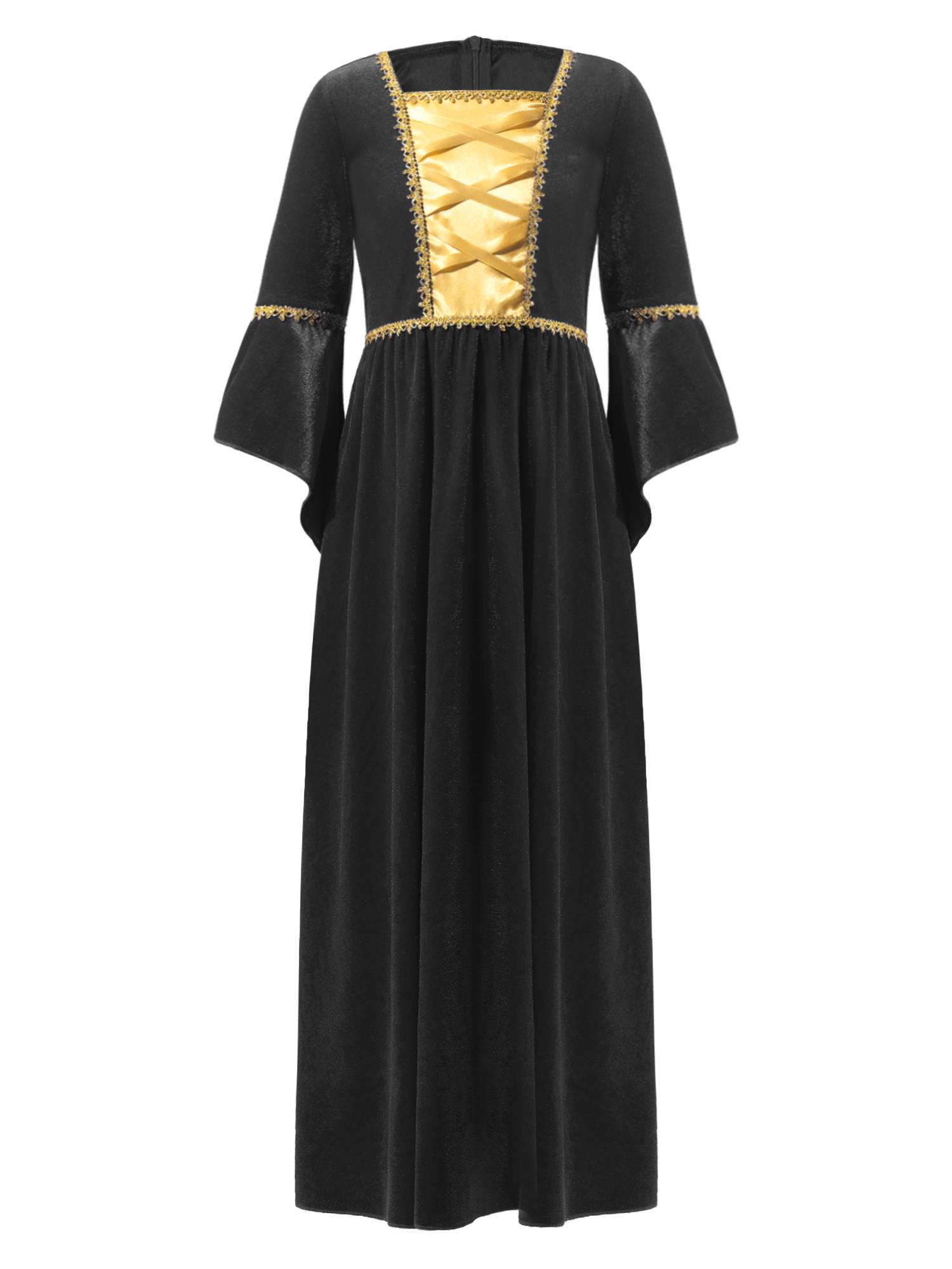 Kids Girls Square Neck Flared Sleeve Empire Waist Medieval Vintage Maxi Dress