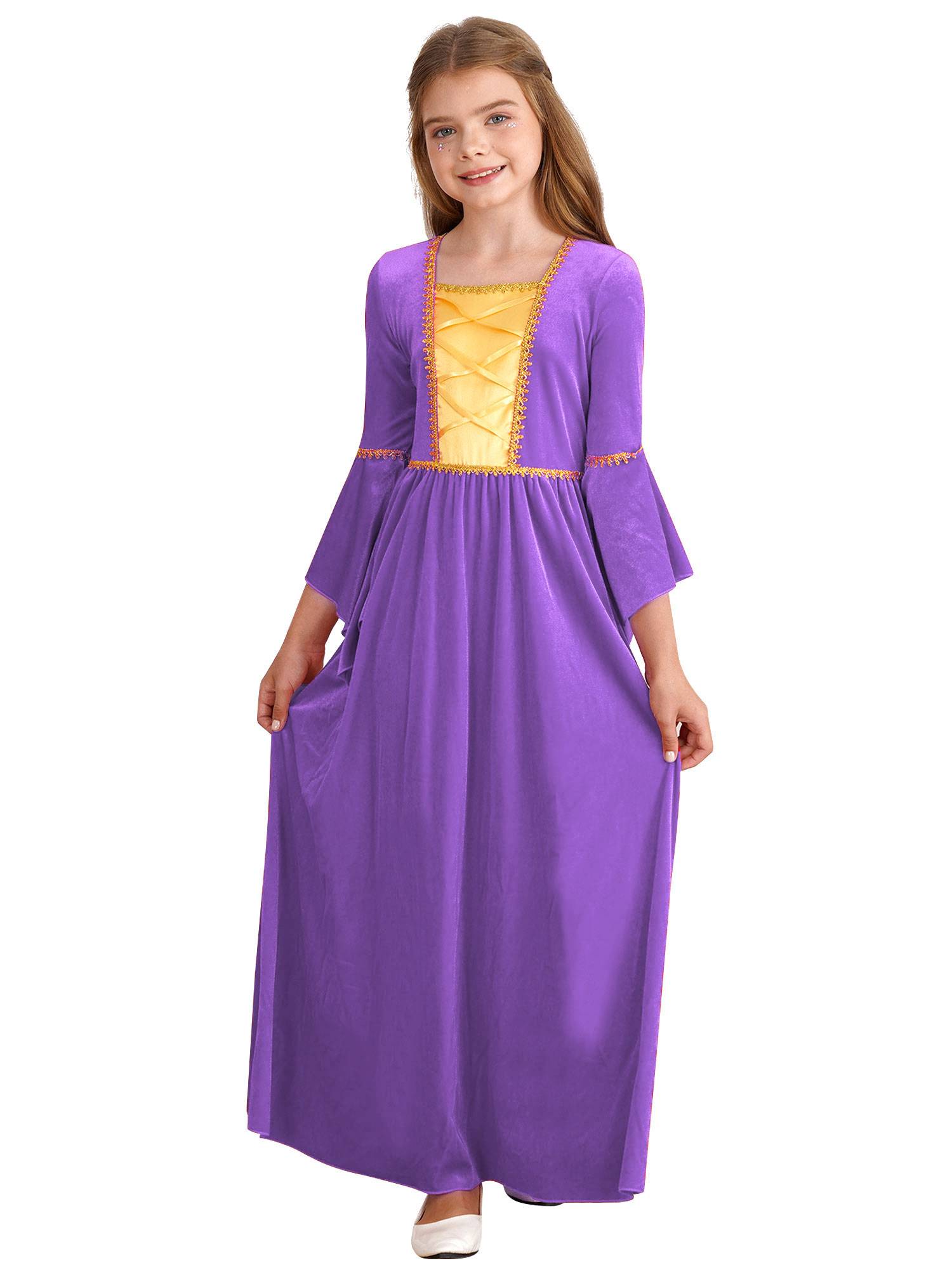Kids Girls Square Neck Flared Sleeve Empire Waist Medieval Vintage Maxi Dress