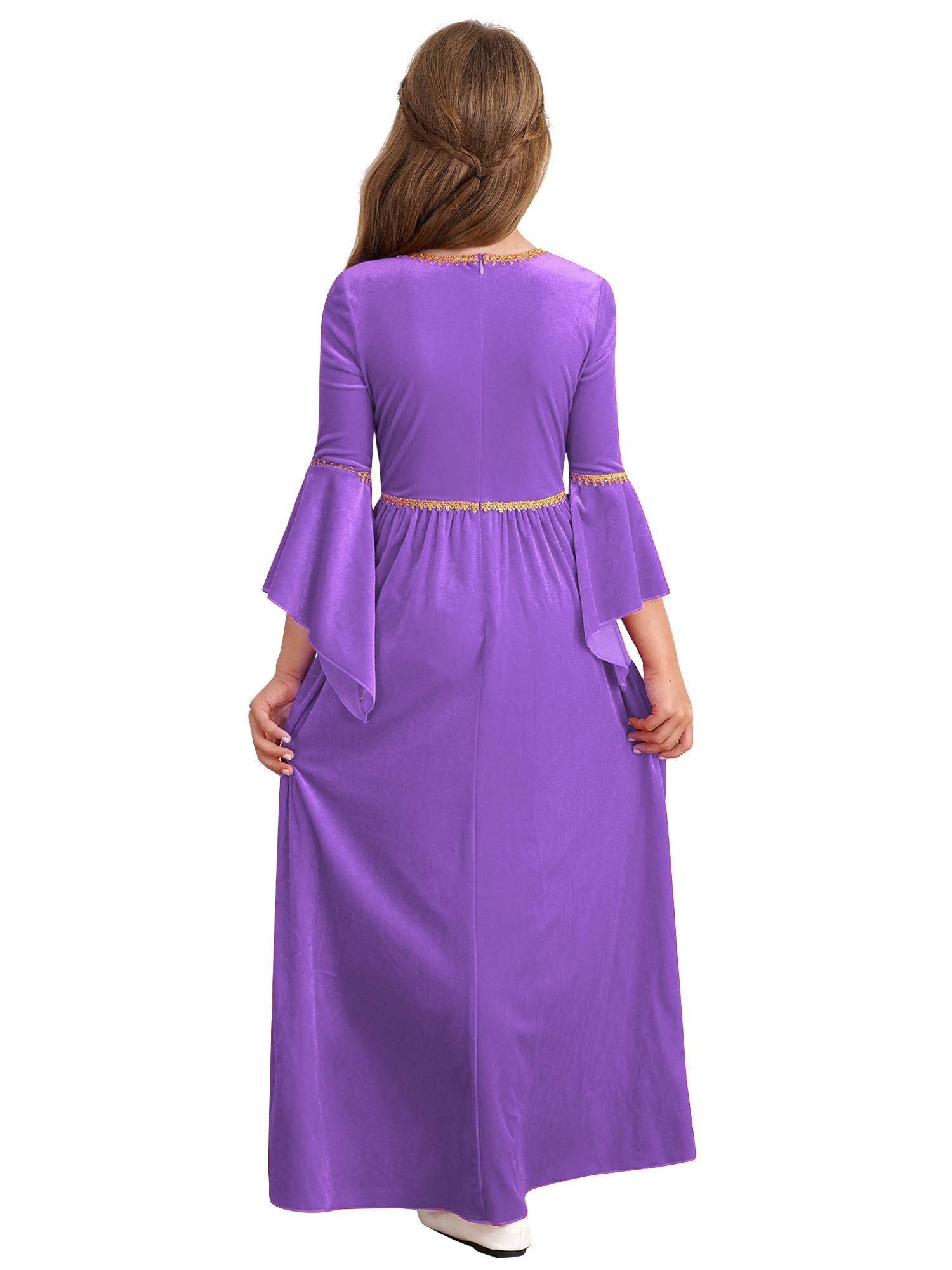 Kids Girls Square Neck Flared Sleeve Empire Waist Medieval Vintage Maxi Dress
