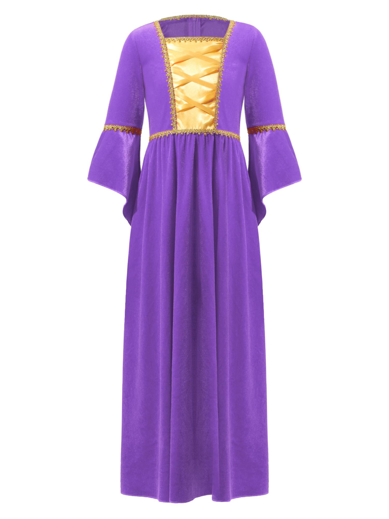 Kids Girls Square Neck Flared Sleeve Empire Waist Medieval Vintage Maxi Dress