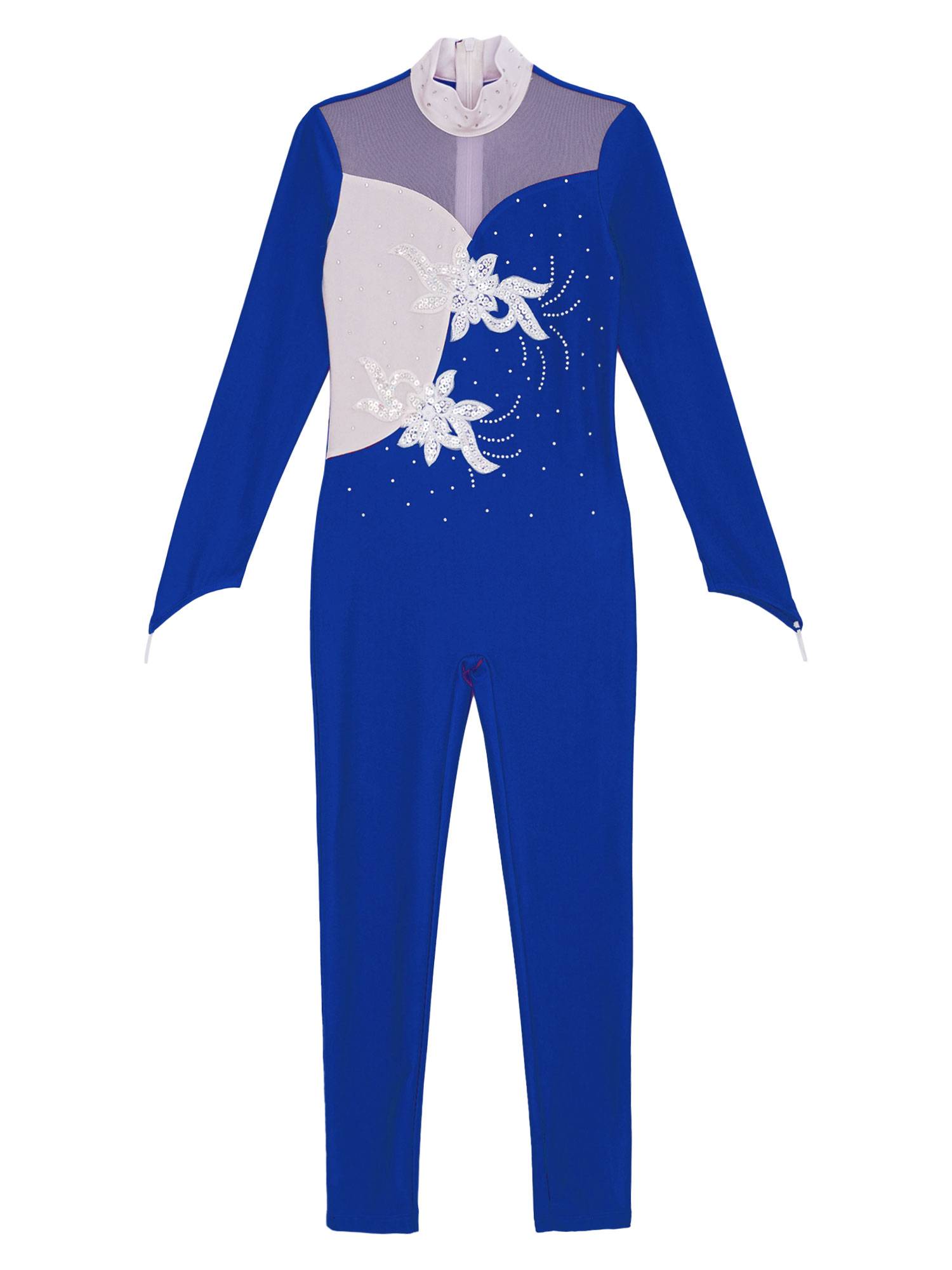 Kids Girls Sequined Rhinestone Long Sleeve Figure Skating Unitard