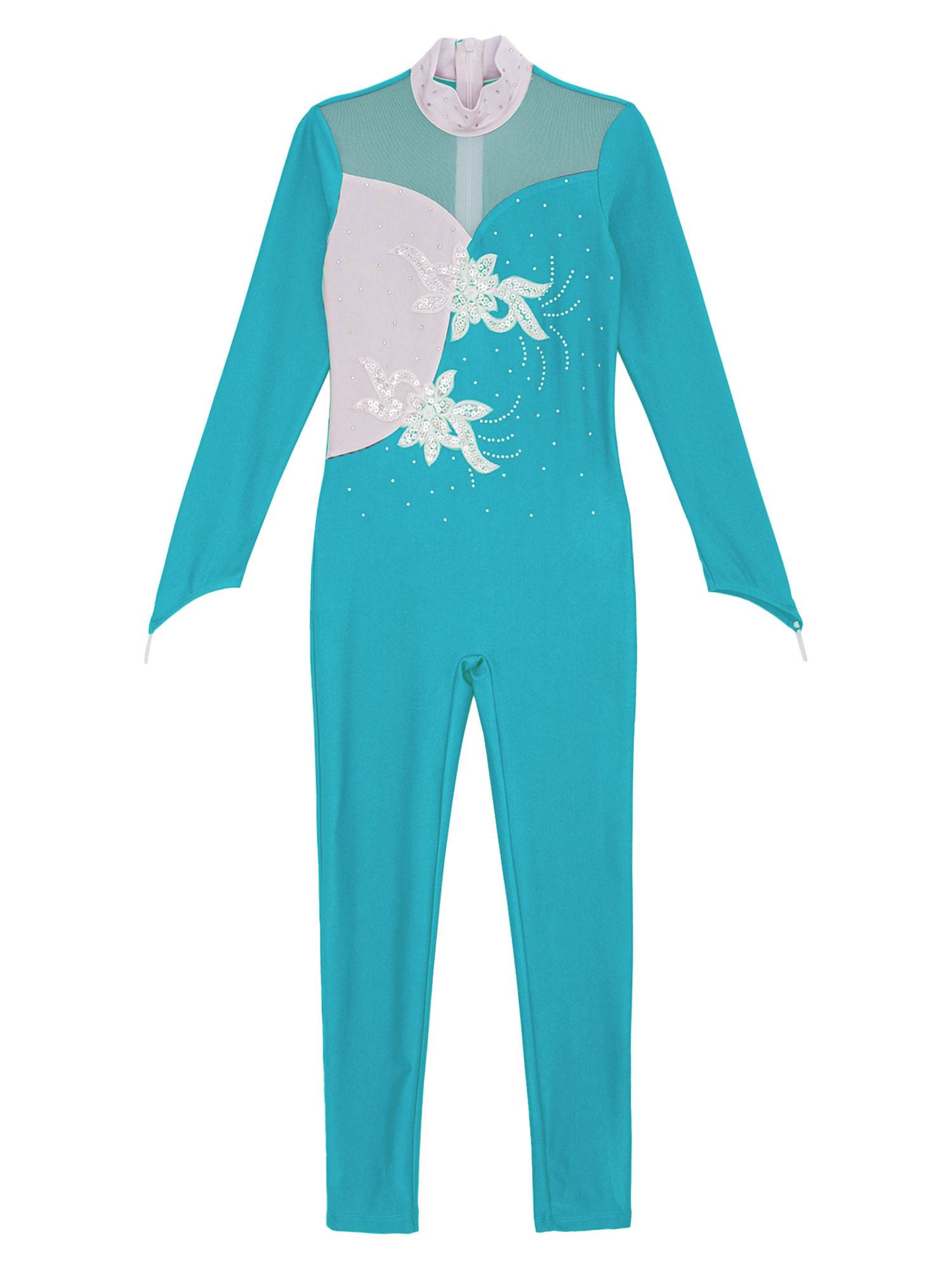 Kids Girls Sequined Rhinestone Long Sleeve Figure Skating Unitard