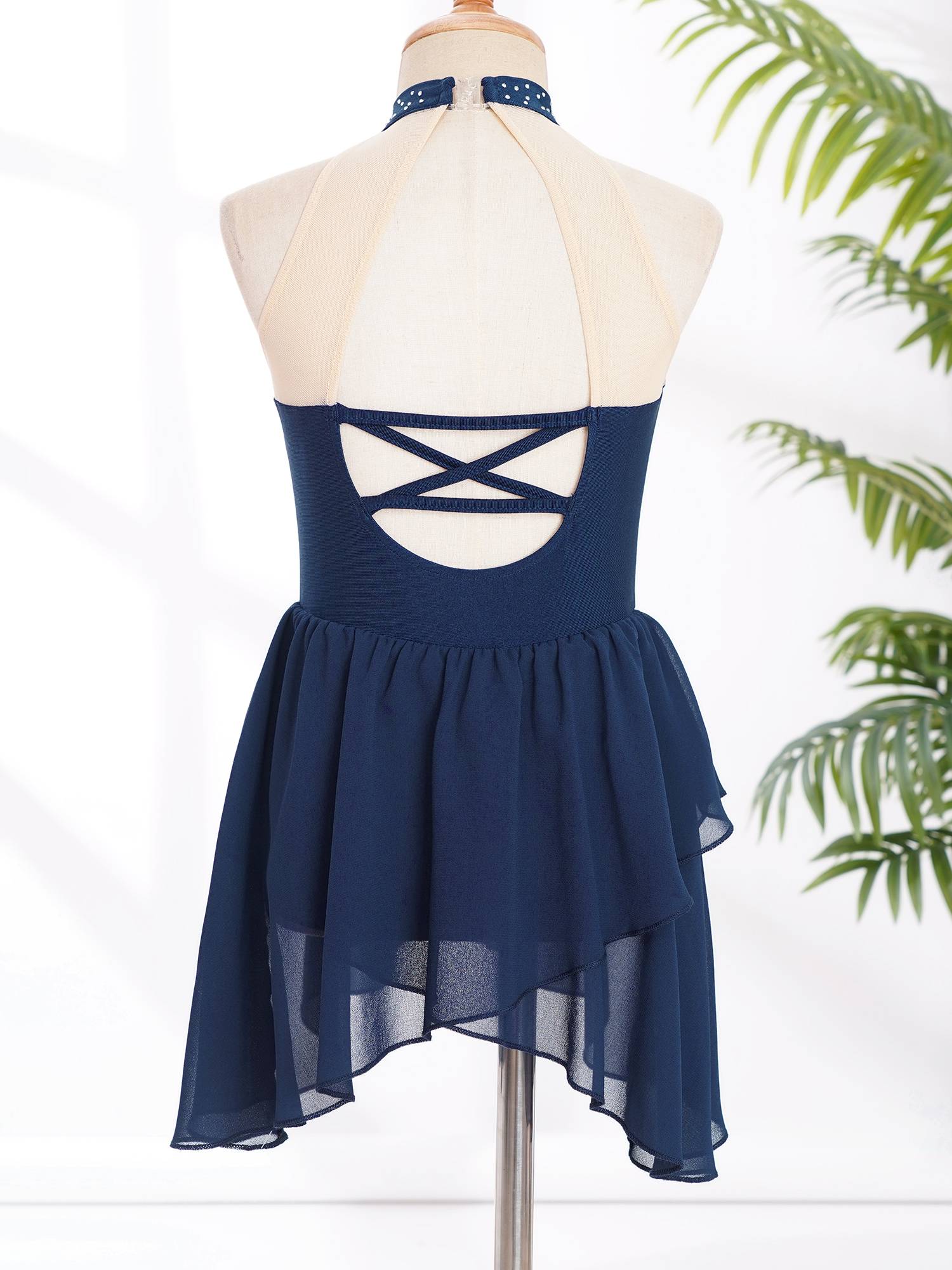 Kids Girls Sleeveless Halter Neck Backless Rhinestone Mesh Lyrical Dance Dress