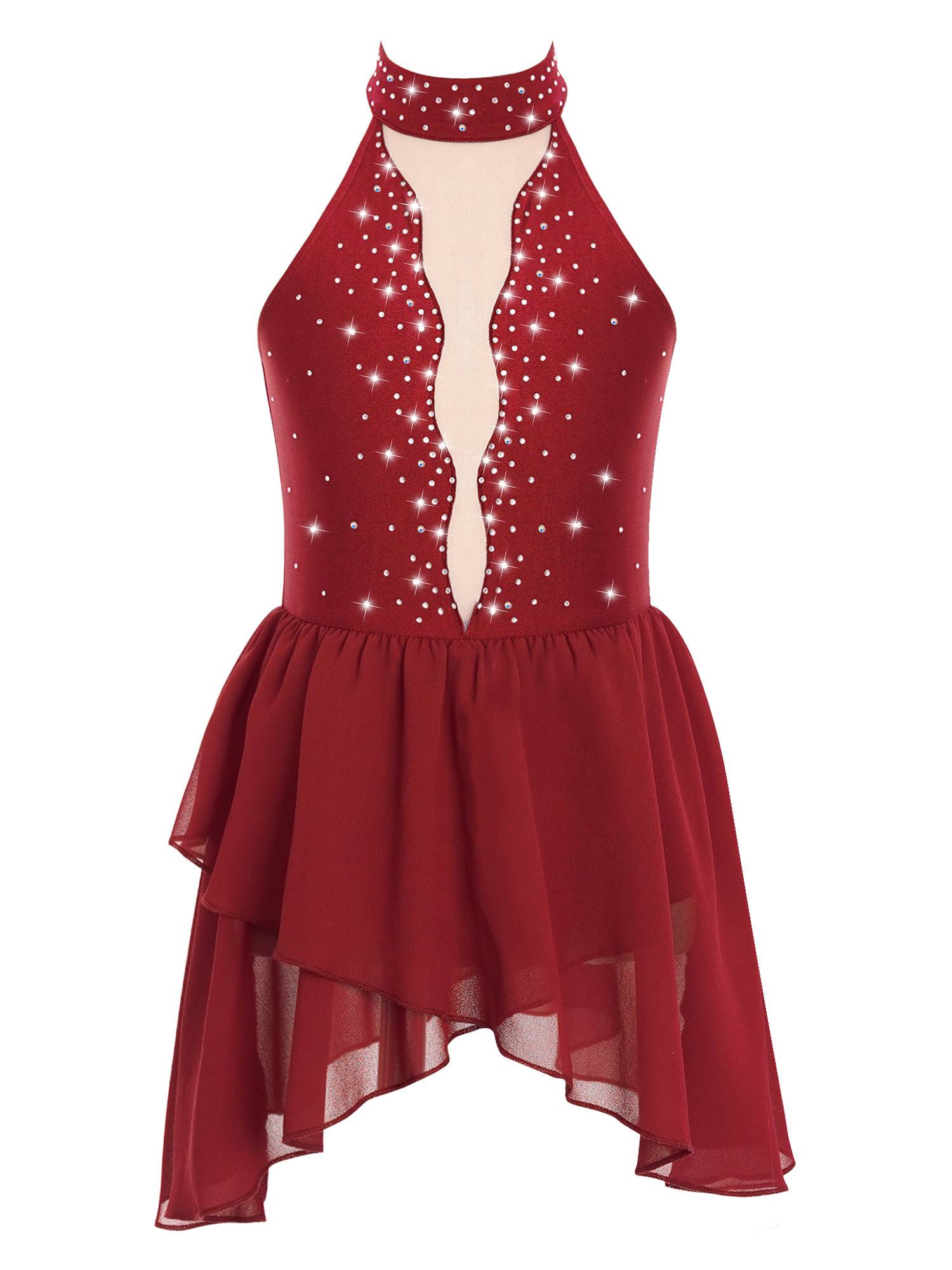 Kids Girls Sleeveless Halter Neck Backless Rhinestone Mesh Lyrical Dance Dress