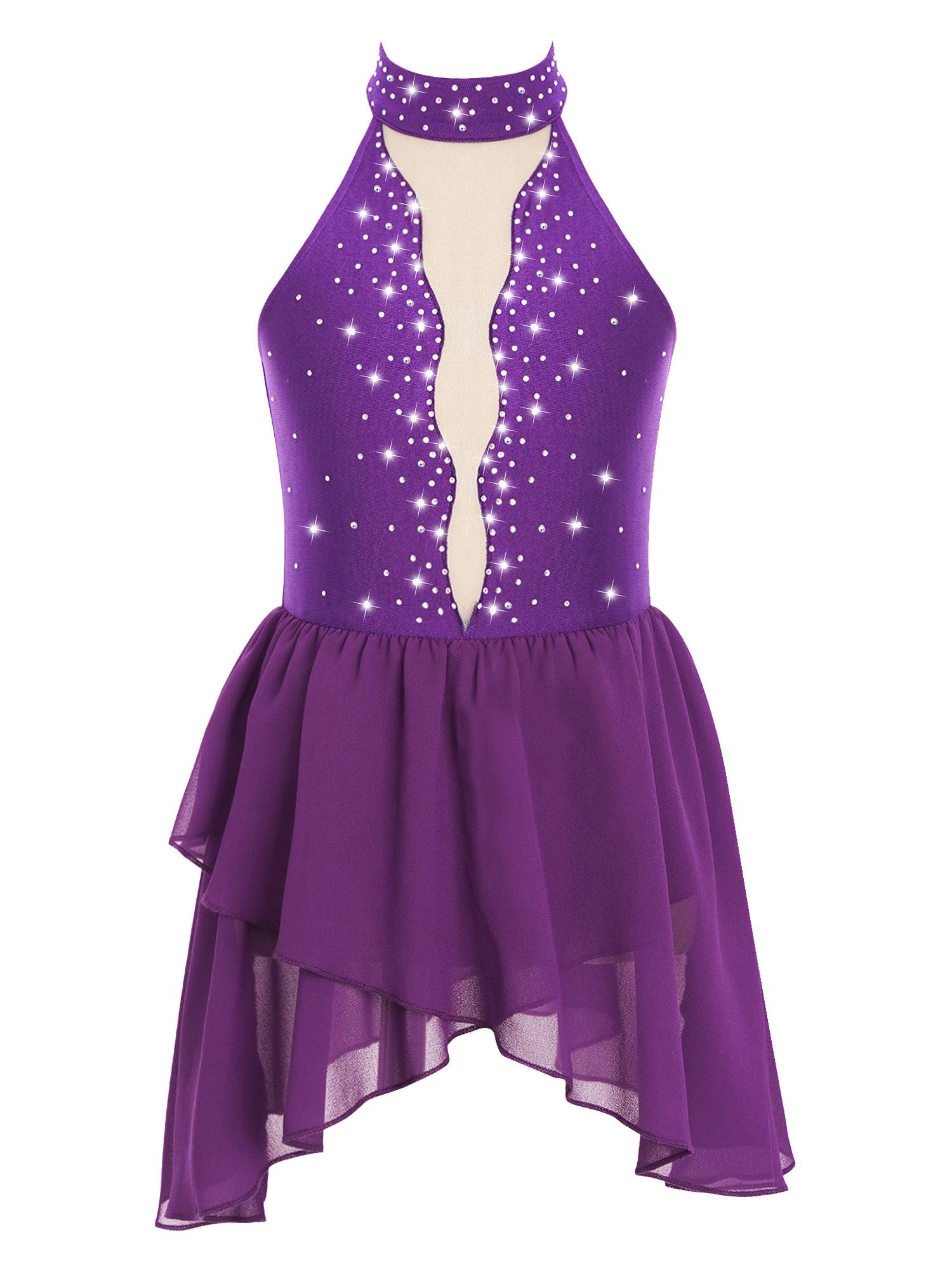 Kids Girls Sleeveless Halter Neck Backless Rhinestone Mesh Lyrical Dance Dress