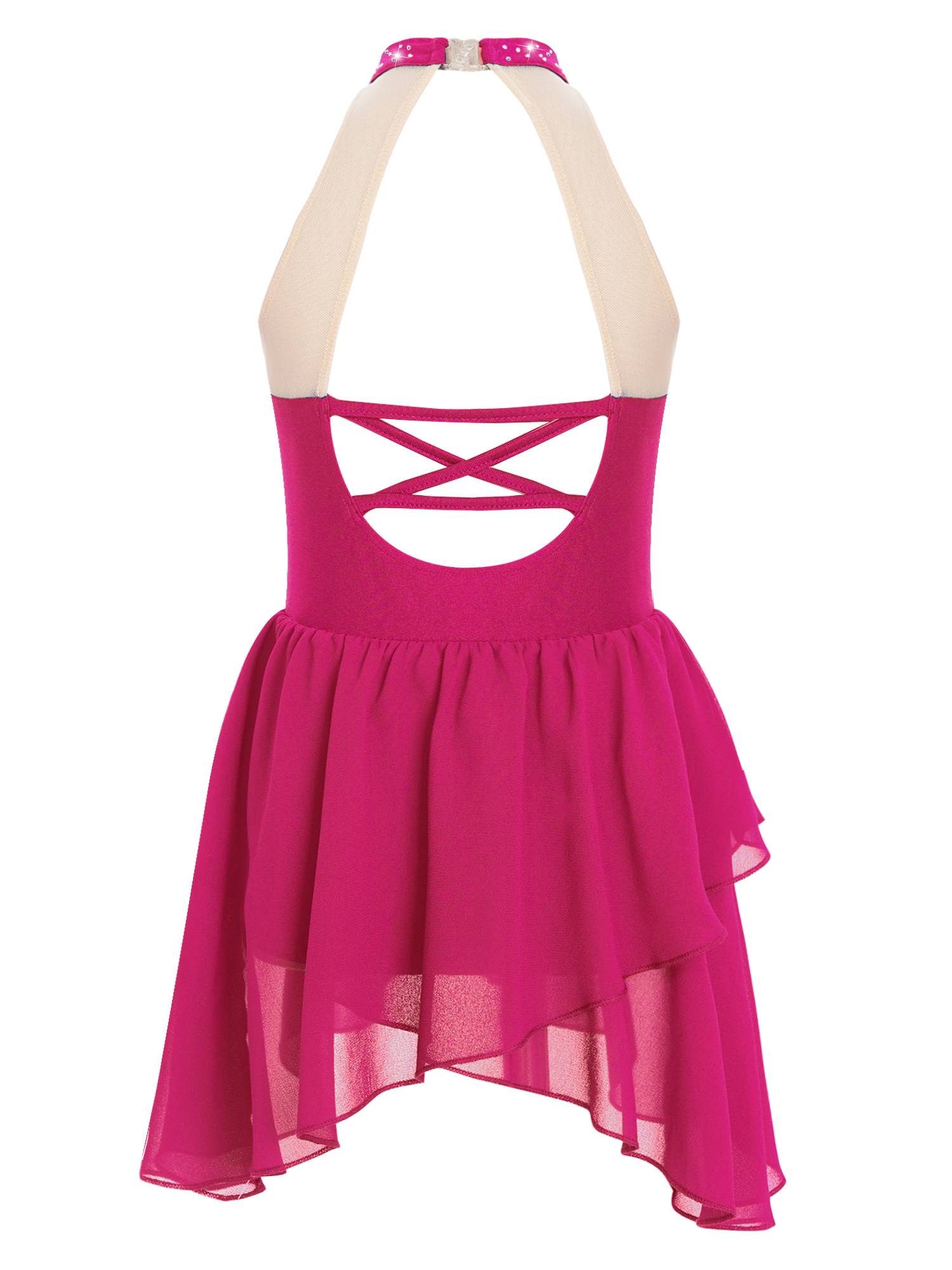 Kids Girls Sleeveless Halter Neck Backless Rhinestone Mesh Lyrical Dance Dress