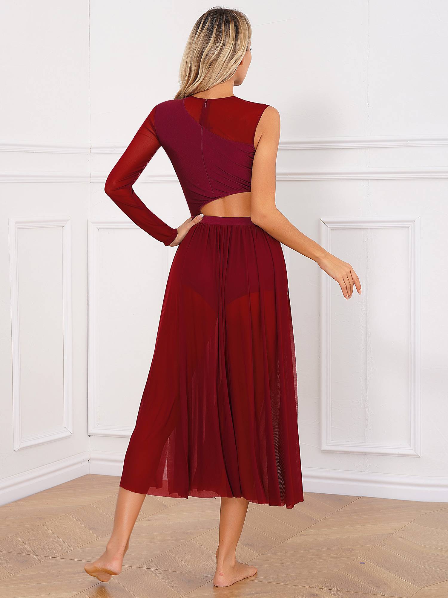 Women One Shoulder Side Slit Modern Lyrical Dance Leotard Dresses