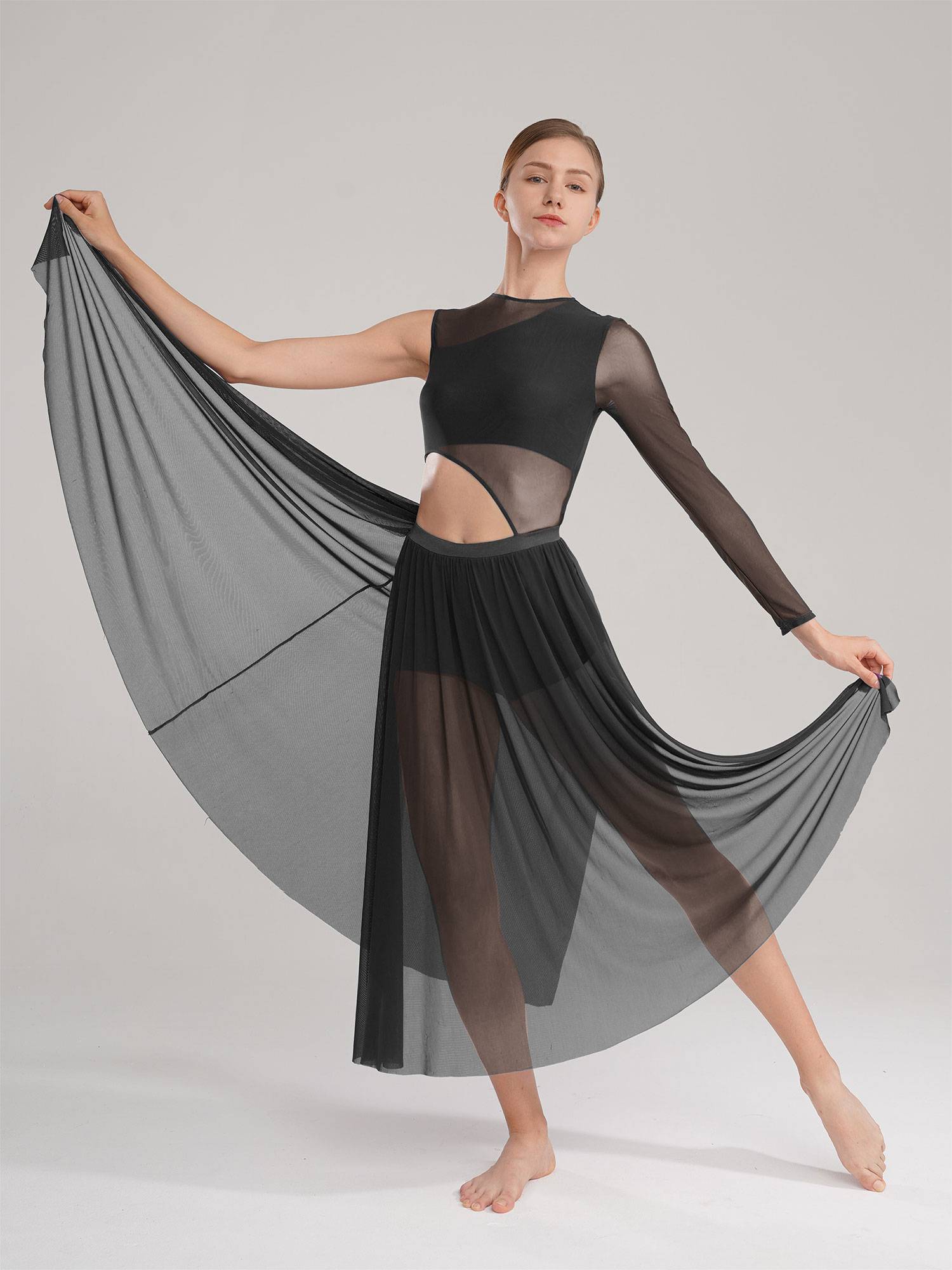 Women One Shoulder Side Slit Modern Lyrical Dance Leotard Dresses