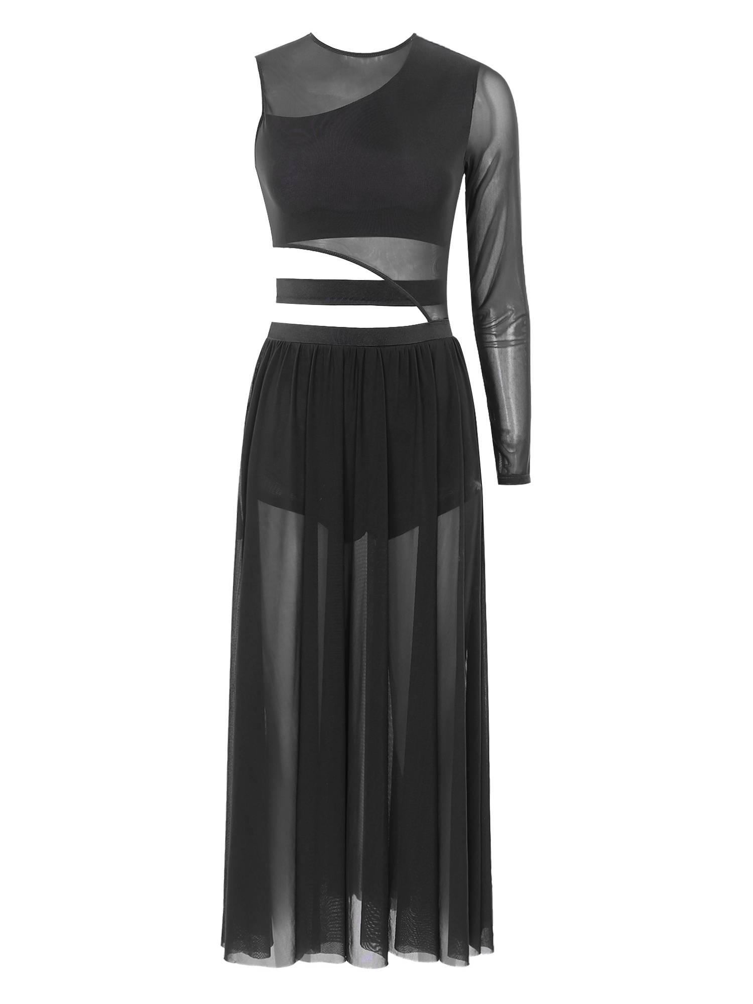 Women One Shoulder Side Slit Modern Lyrical Dance Leotard Dresses