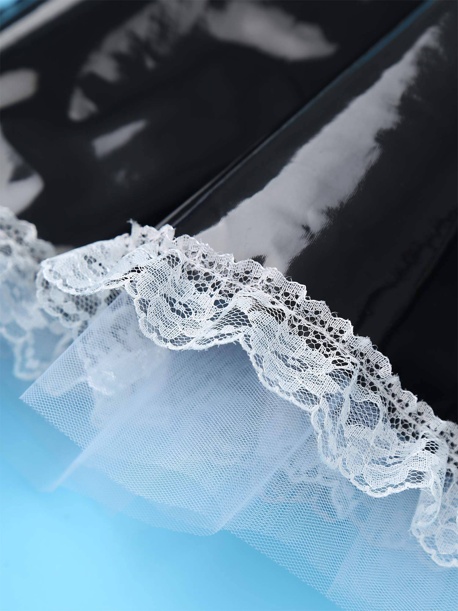 Women A-line Short Sleeve Glossy Patent Leather Maid Dress with Headband