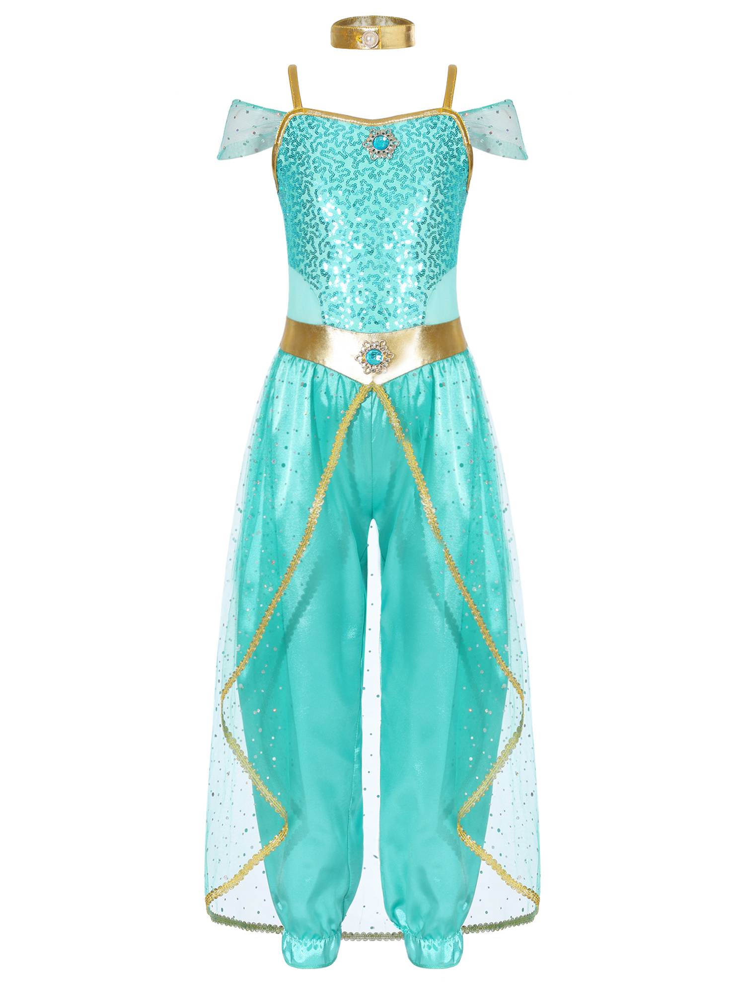 Girls Arabian Princess Sleeveless Shiny Sequins Jumpsuit