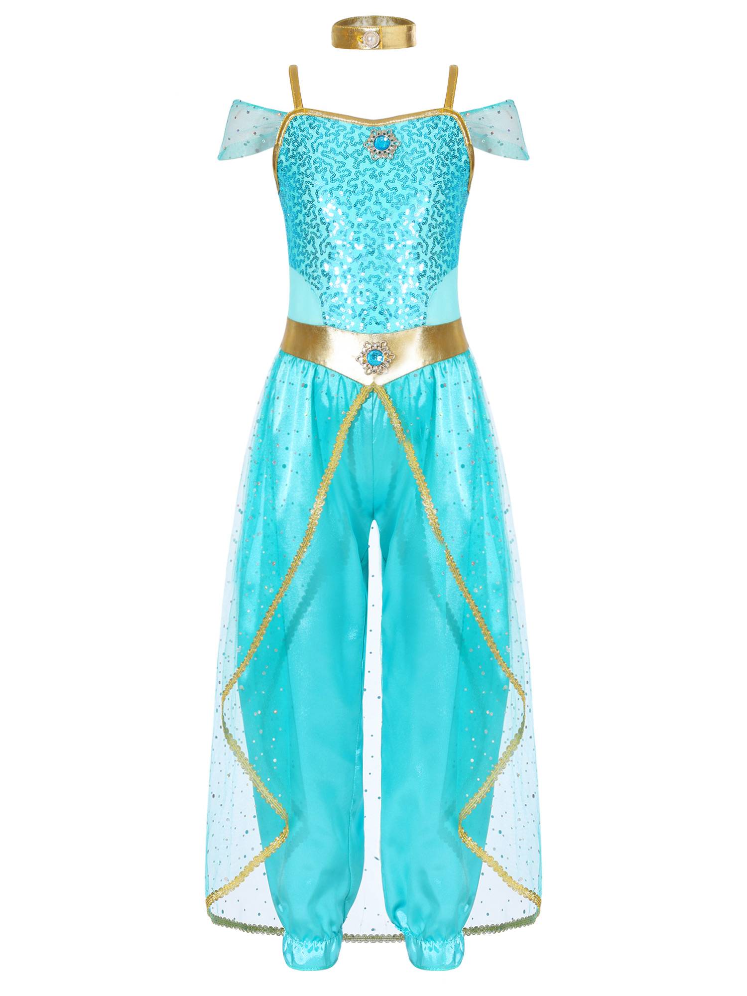 Girls Arabian Princess Sleeveless Shiny Sequins Jumpsuit