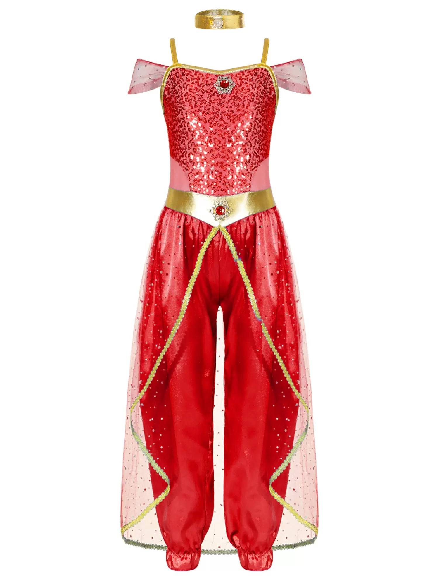 Girls Arabian Princess Sleeveless Shiny Sequins Jumpsuit