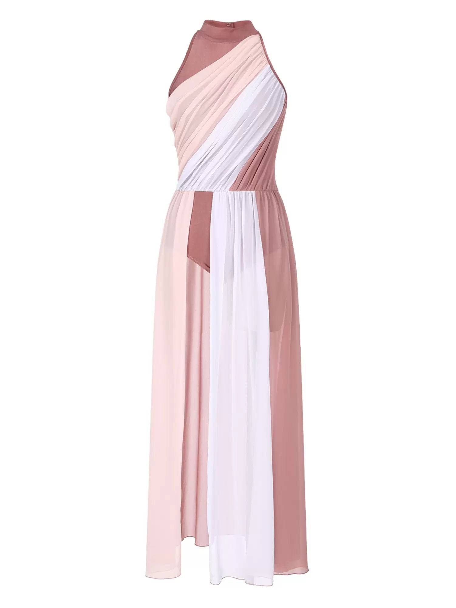 Women Color Block Sleeveless Side Slit Lyrical Dance Midi Dresses